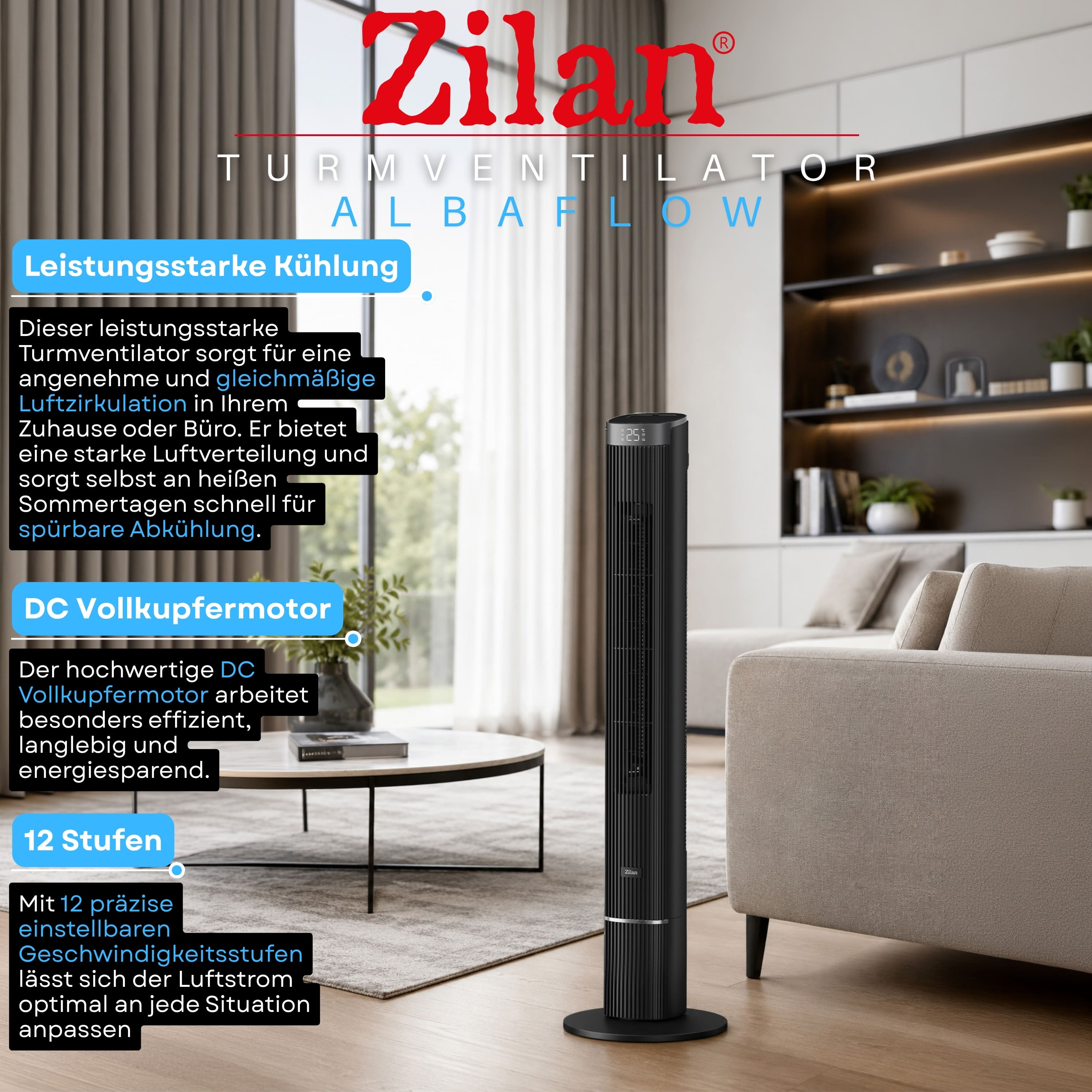 Schwarzer Zilan Turmventilator mit Display in einem modern eingerichteten Wohnzimmer.