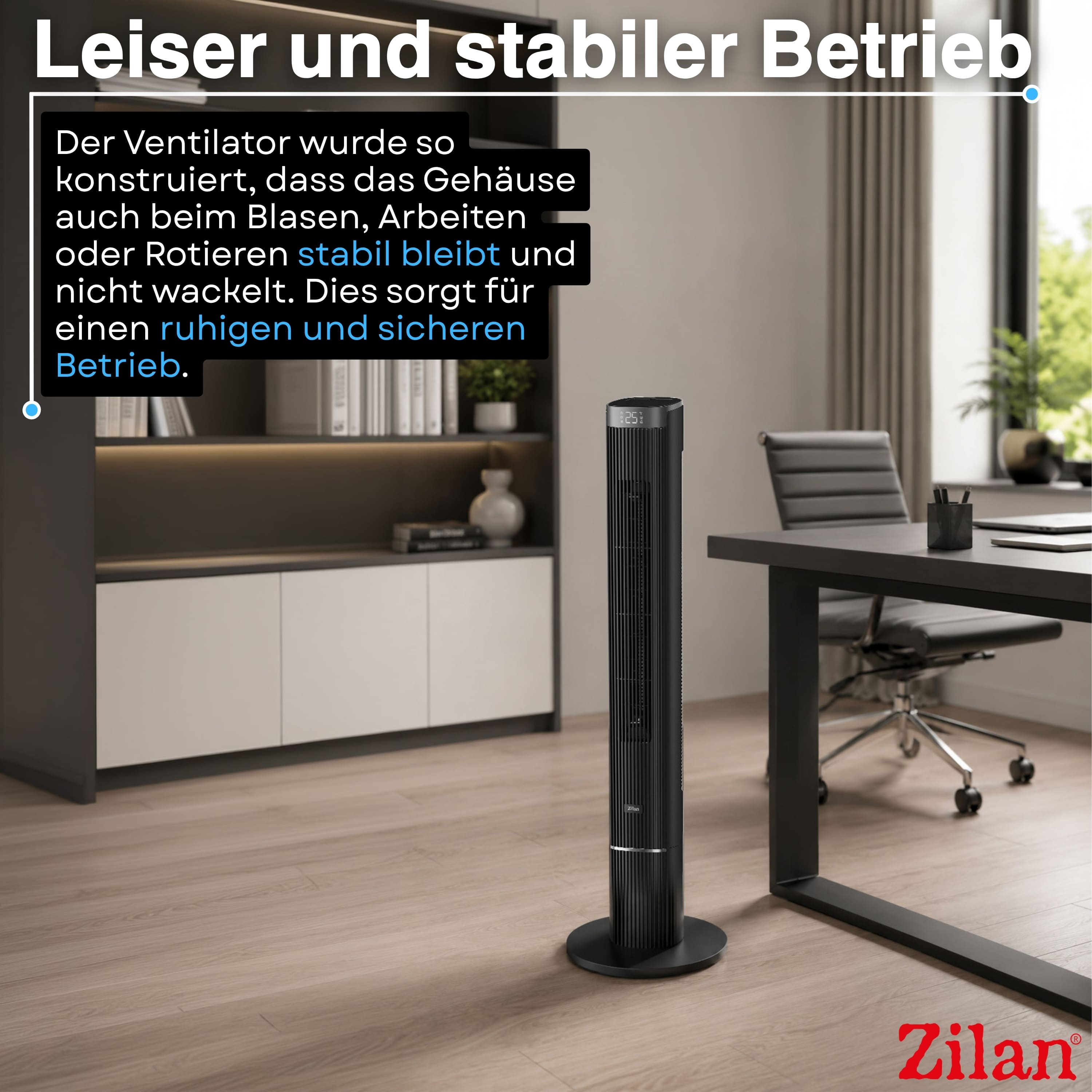 Schwarzer Turmventilator mit Display steht neben einem Schreibtisch im Büro.