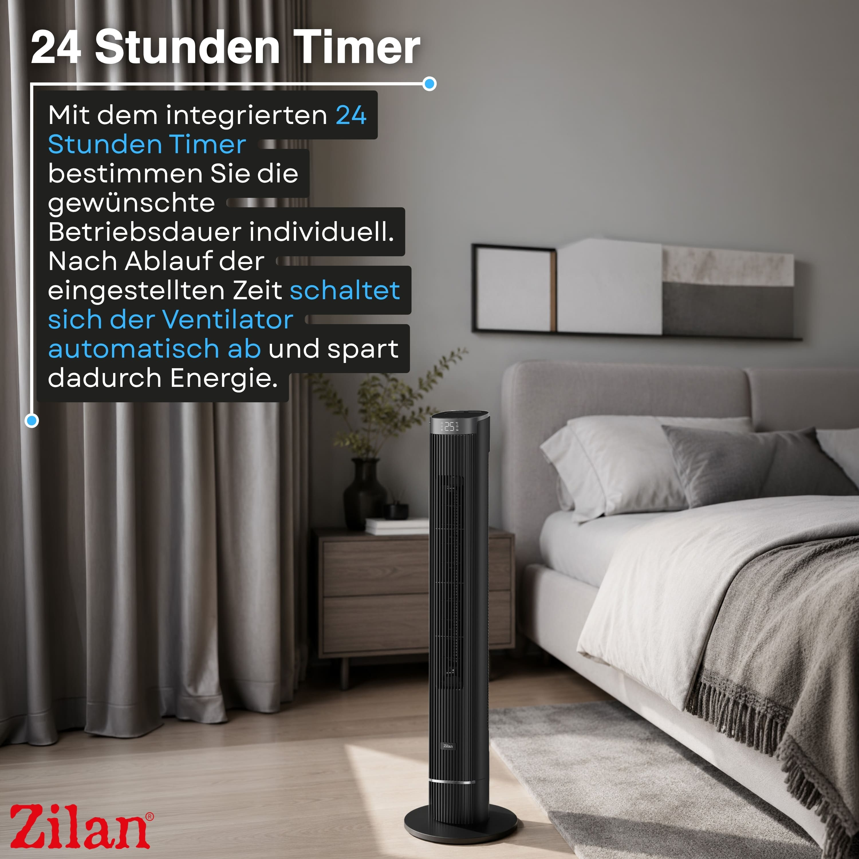 Ein schwarzer Turmventilator steht neben einem Bett in einem Schlafzimmer.