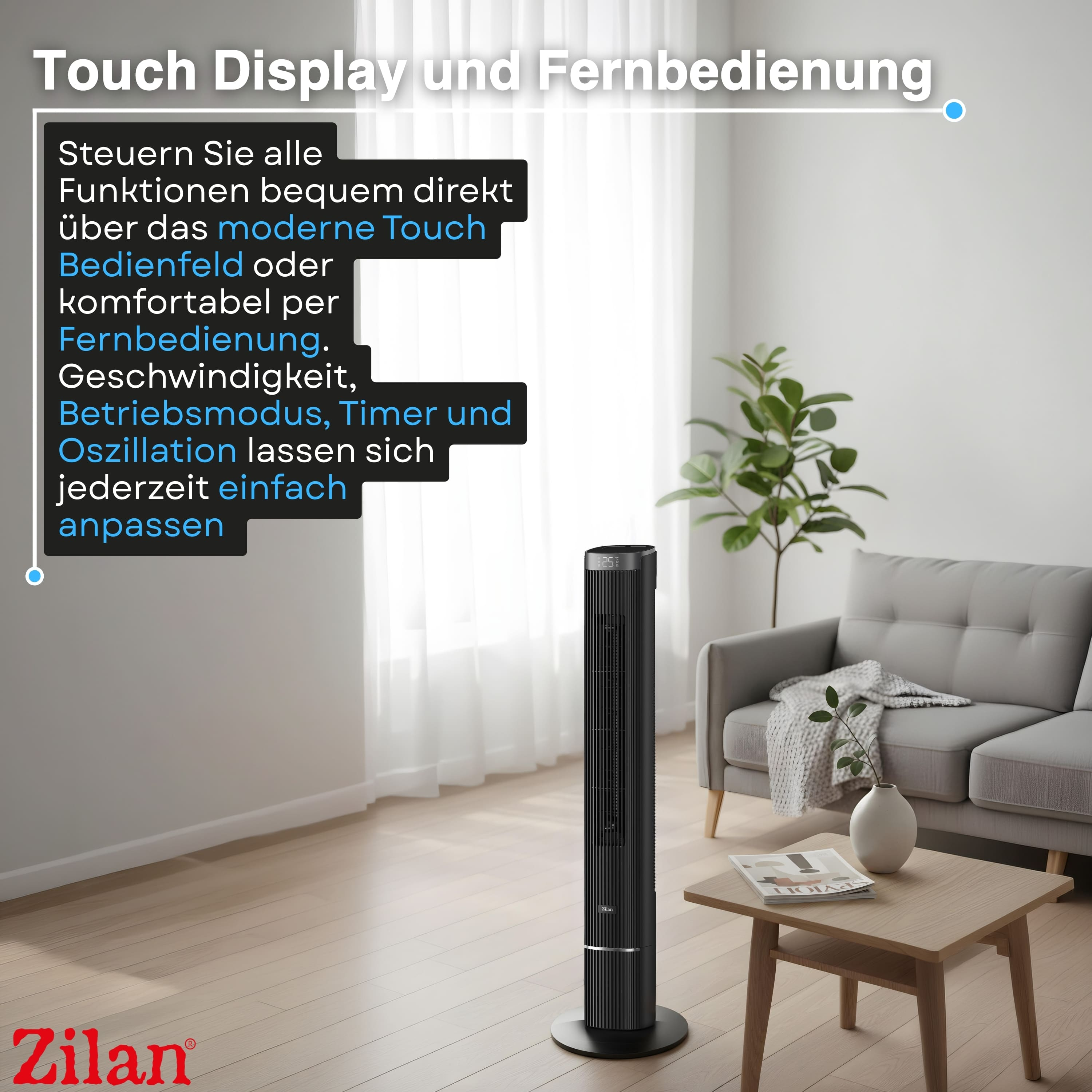 Schwarzer Turmventilator mit Touch-Display und Fernbedienung im Wohnzimmer.