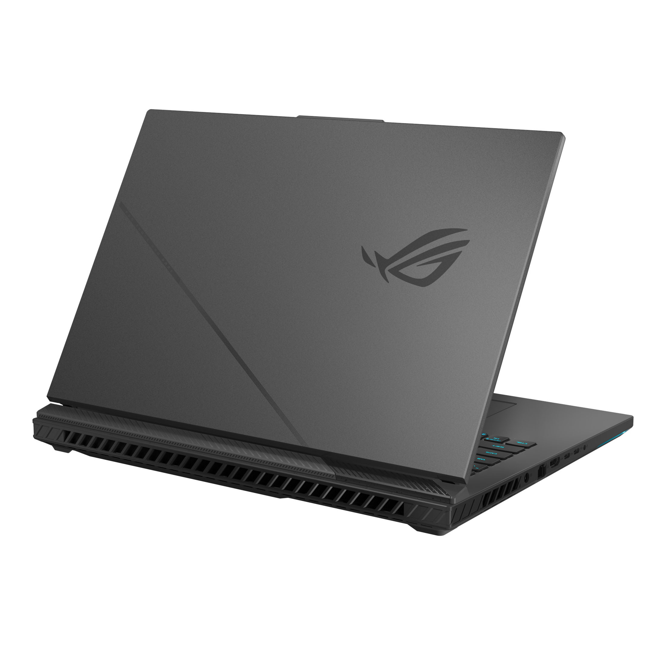 Ein geschlossener grauer Laptop mit dem ROG-Logo auf dem Deckel.