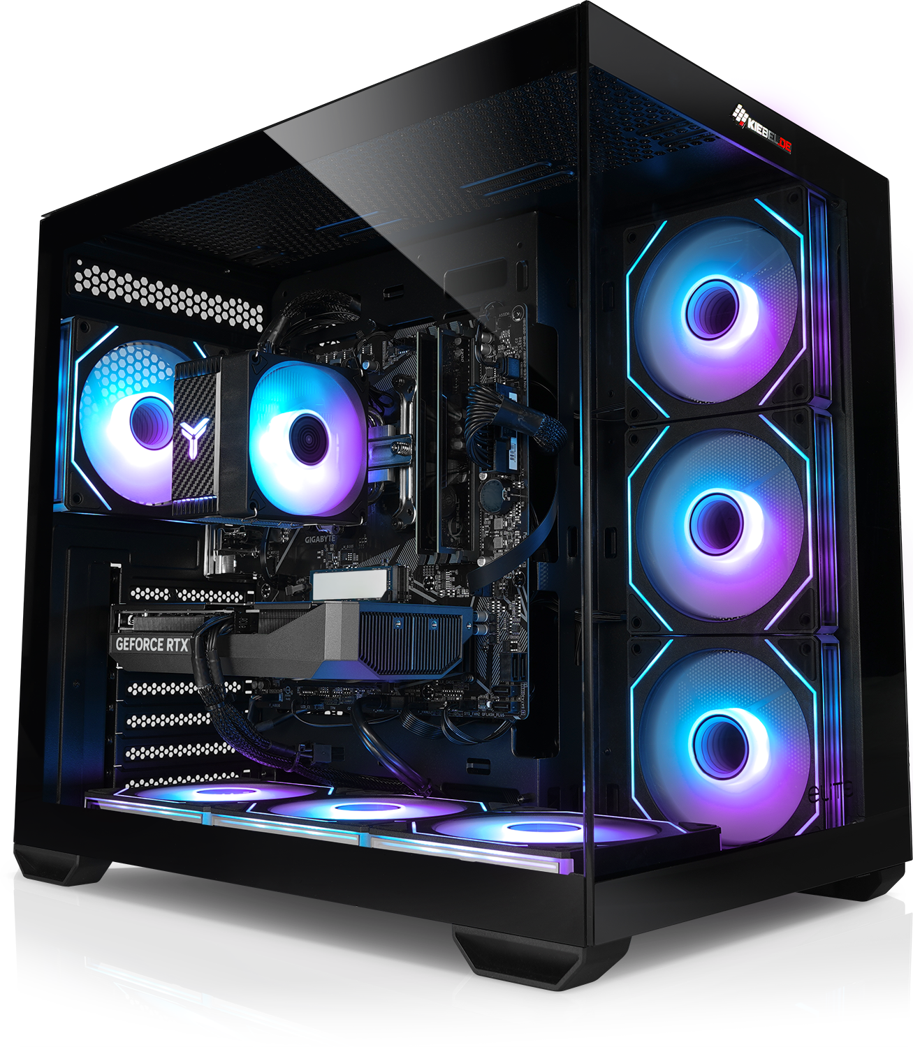 Un boîtier PC avec ventilateurs RVB et panneau latéral transparent.