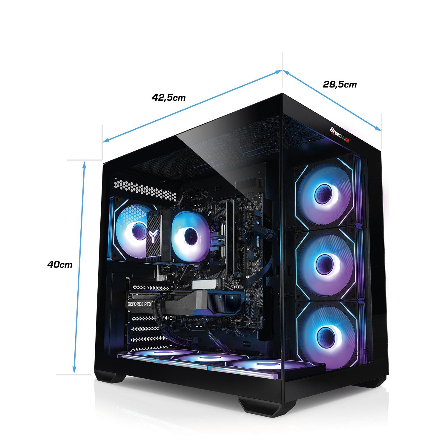 Boîtier PC noir avec ventilateurs RGB. Dimensions: 42,5cm x 28,5cm x 40cm.