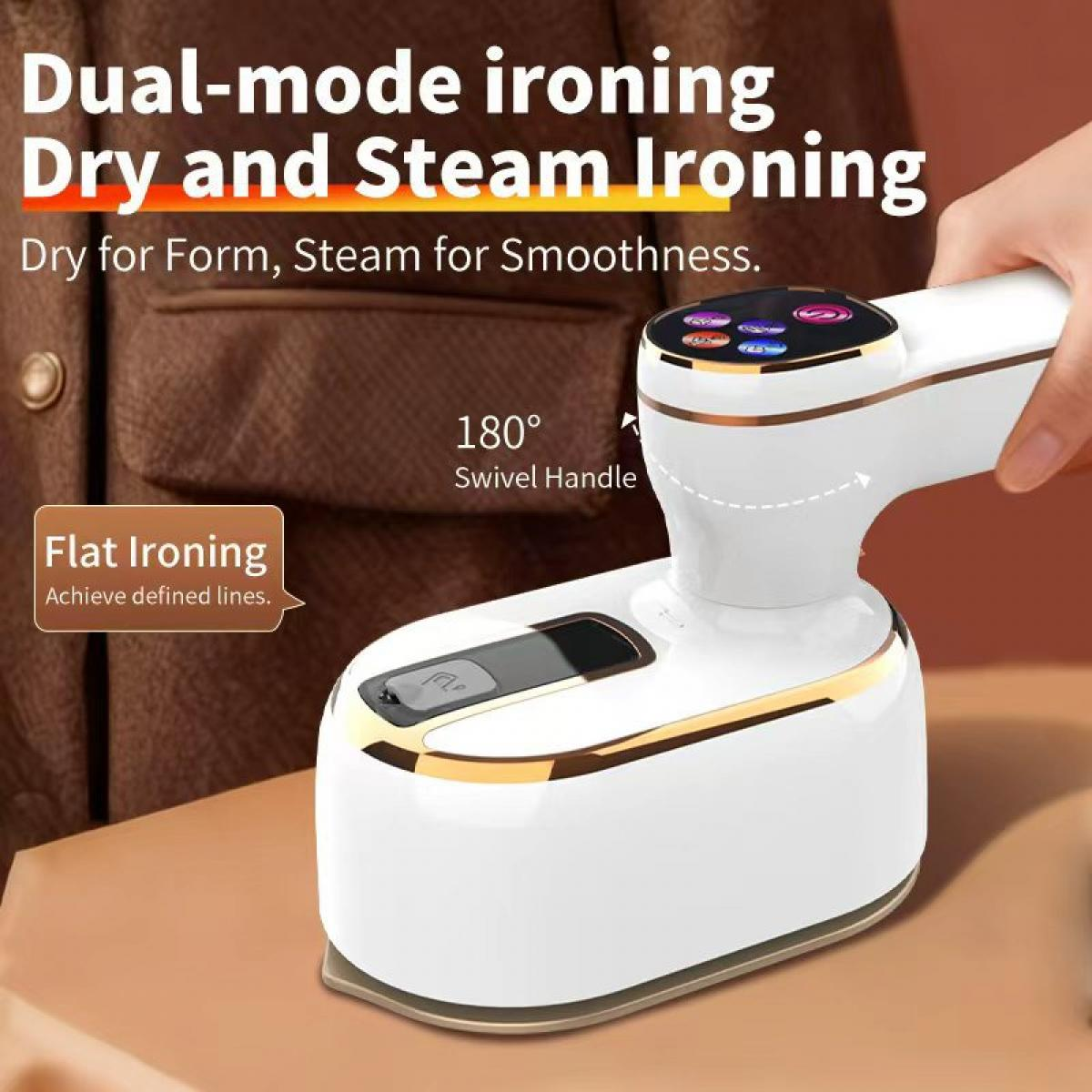 Weißes Dampfbügeleisen im Dual-Modus mit schwenkbarem Griff auf braunem Stoff. Flache Bügeltext.