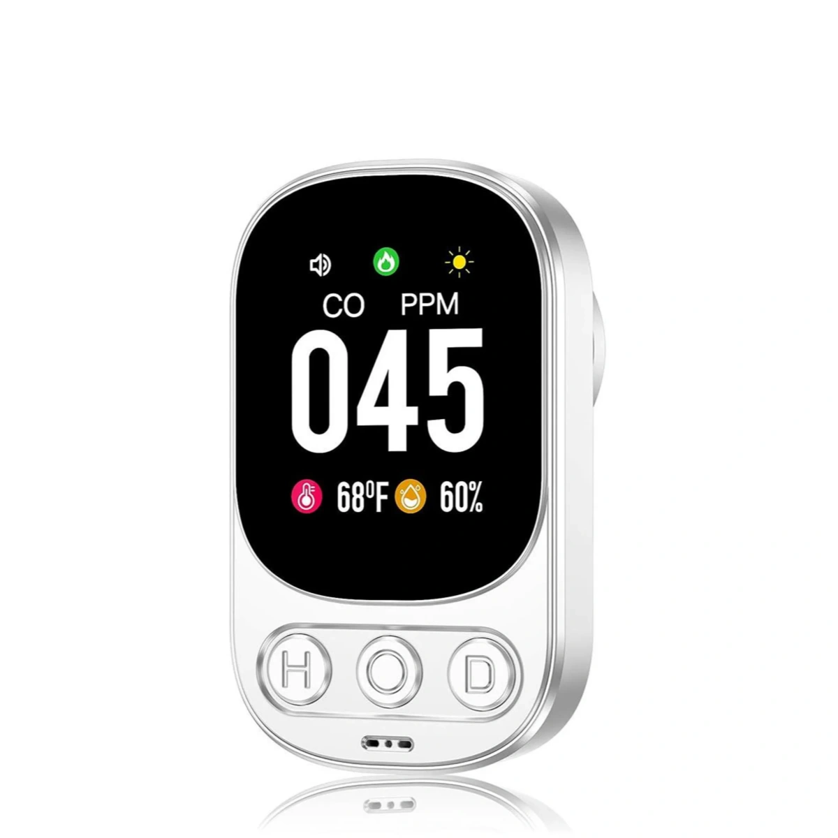 Ein weißes digitales Messgerät zeigt 45 CO PPM, 68°F und 60% Luftfeuchtigkeit an.
