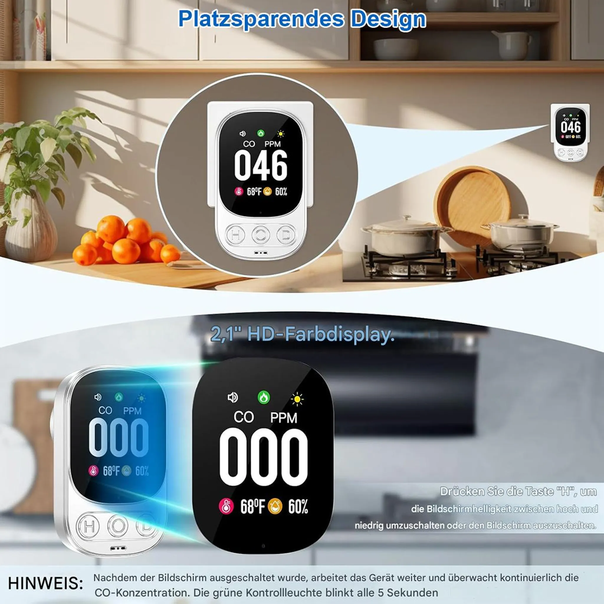 Ein CO-Melder mit HD-Display zeigt 46 PPM CO, 68°F und 60% Luftfeuchtigkeit an.