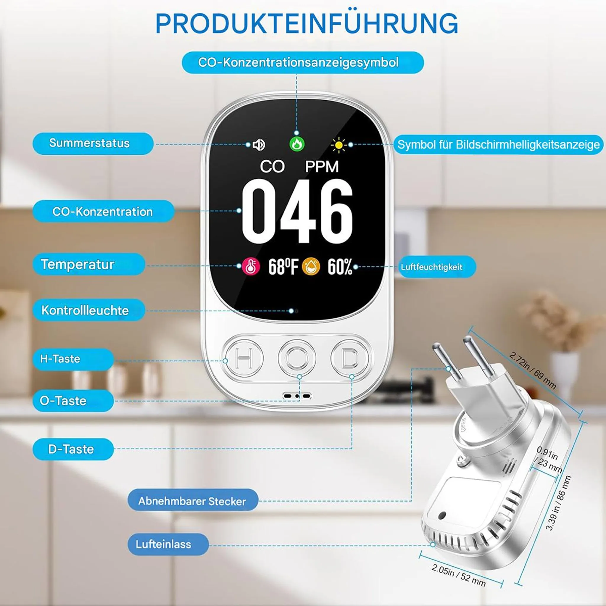 Ein weißer CO-Melder mit schwarzem Bildschirm zeigt 046 CO PPM, 68°F und 60% Luftfeuchtigkeit.