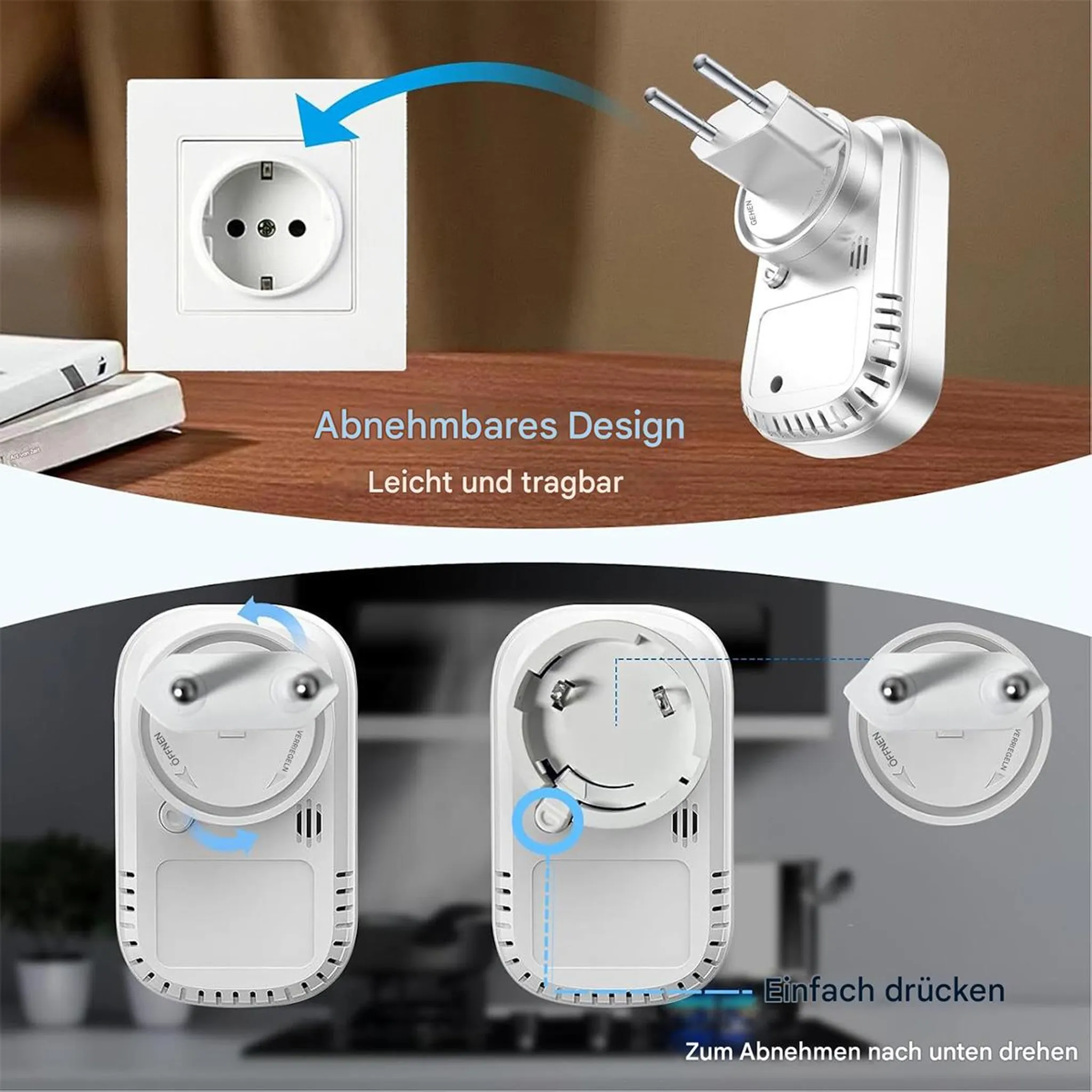 Ein weißer Steckeradapter wird in eine Steckdose gesteckt. Abnehmbares Design.