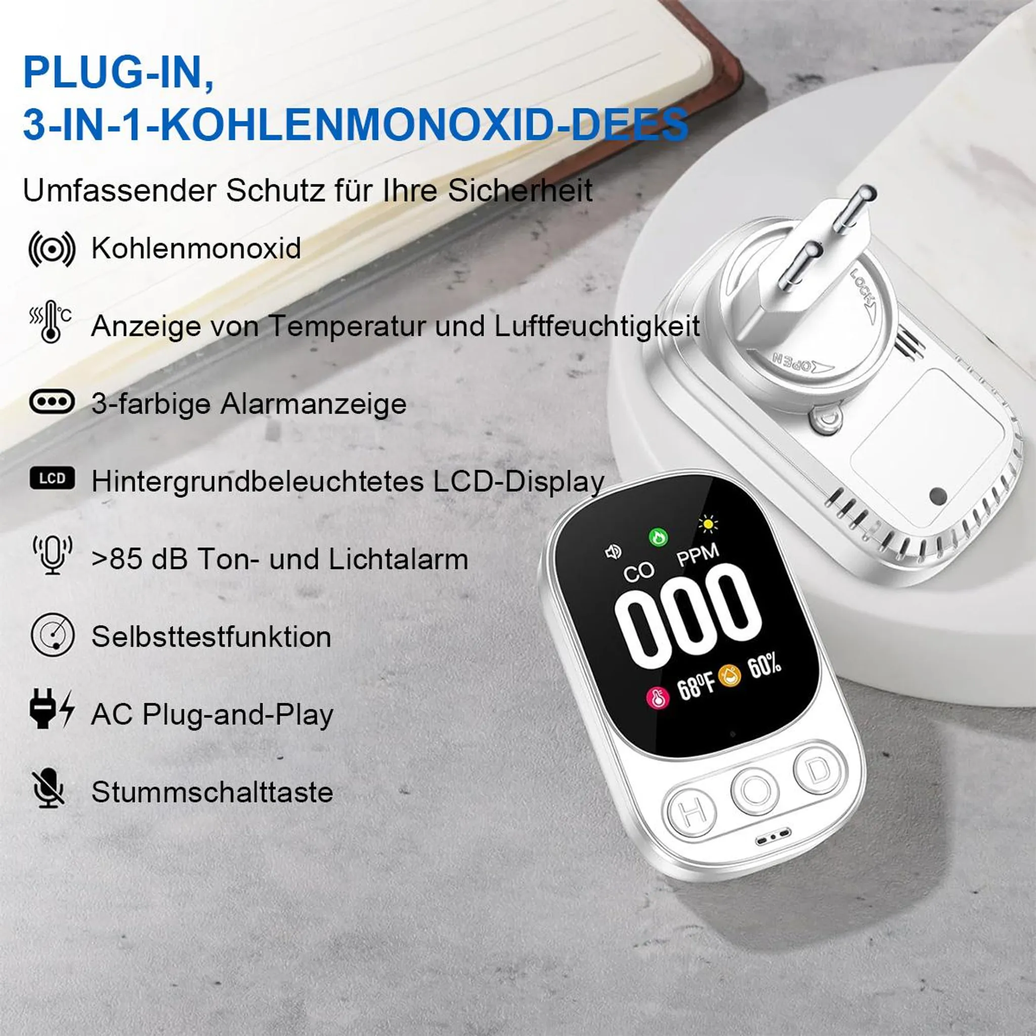 Weißer CO-Detektor in Steckdose, zeigt 000 PPM, 68°F, 60% an.