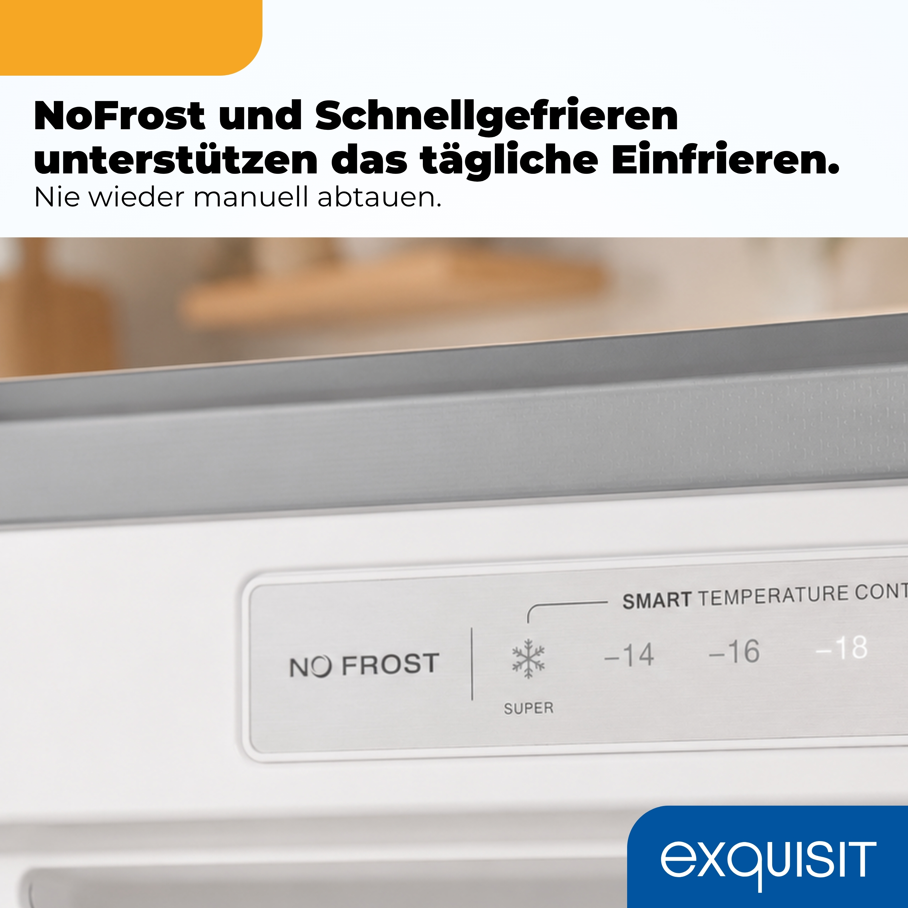 Nahaufnahme eines Kühlschranks mit "NoFrost" und "Smart Temperature Control".
