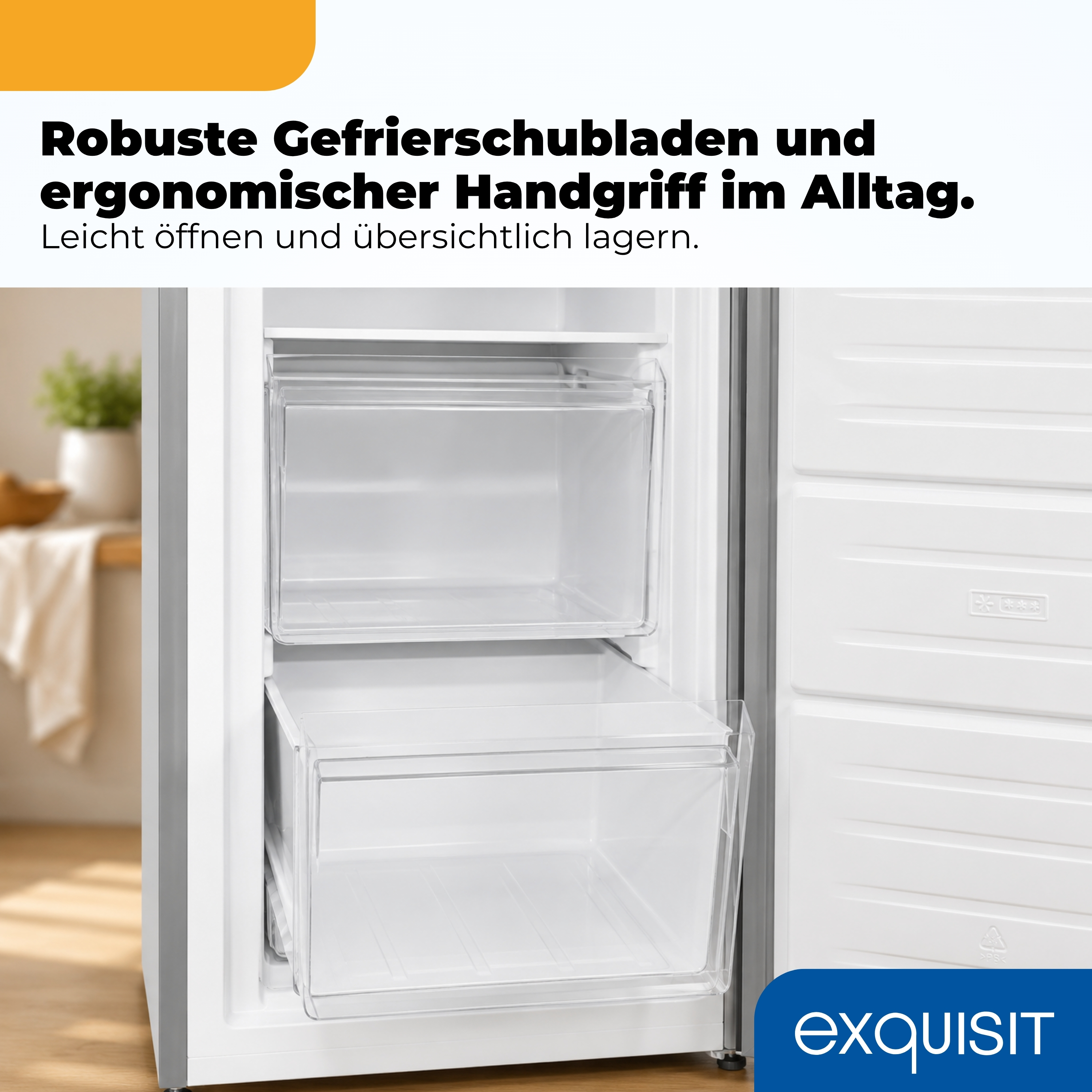 Gefrierschubladen und Handgriff eines Kühlschranks.