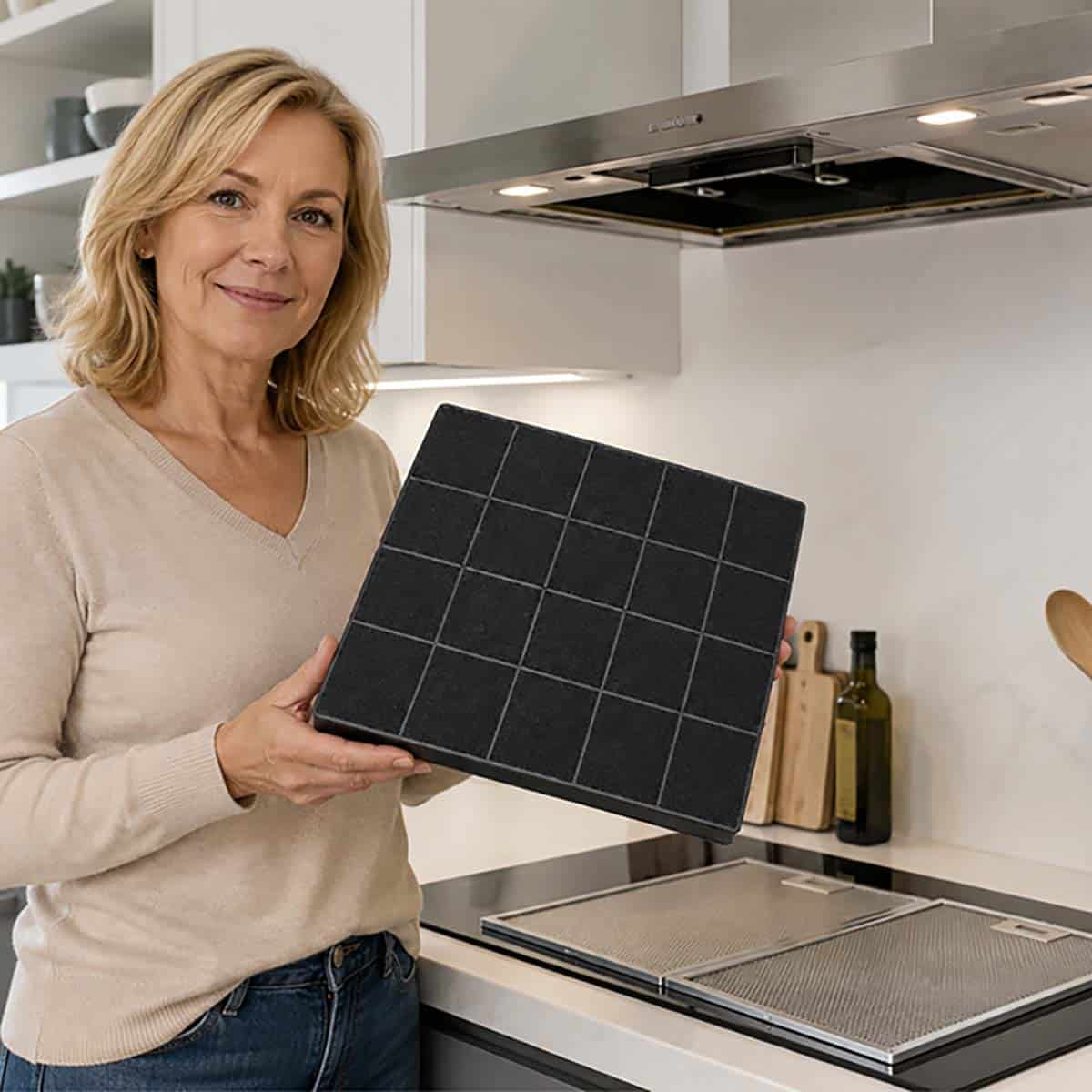 Eine Frau hält einen quadratischen Aktivkohlefilter vor einer Dunstabzugshaube in der Küche.