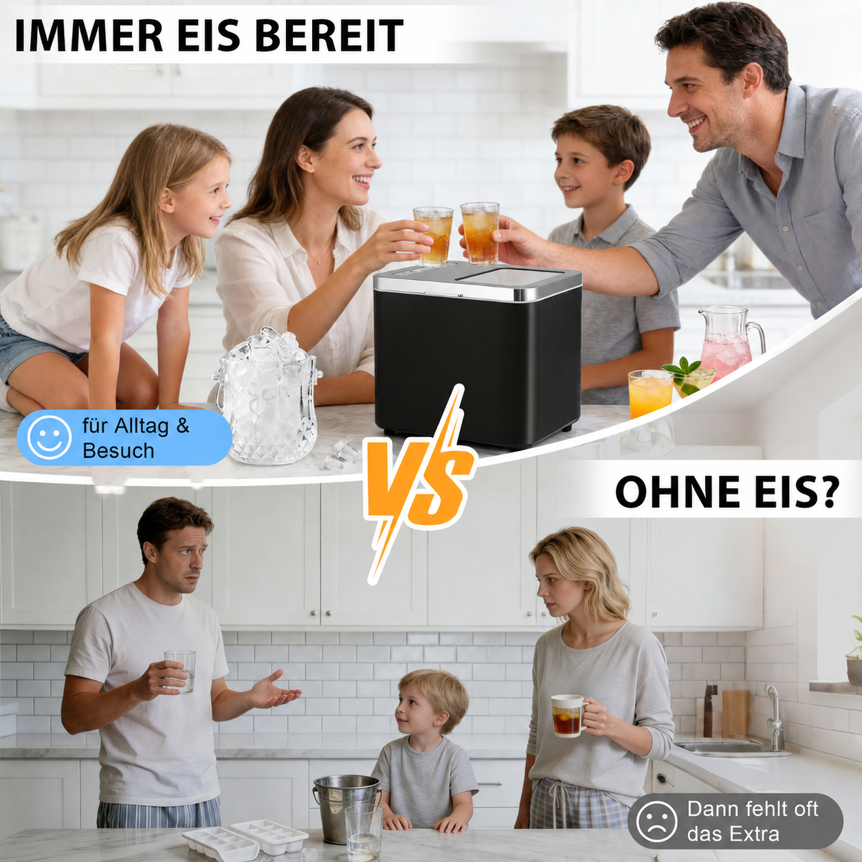 Familie mit Eiswürfelmaschine vs. Familie ohne Eiswürfelmaschine.