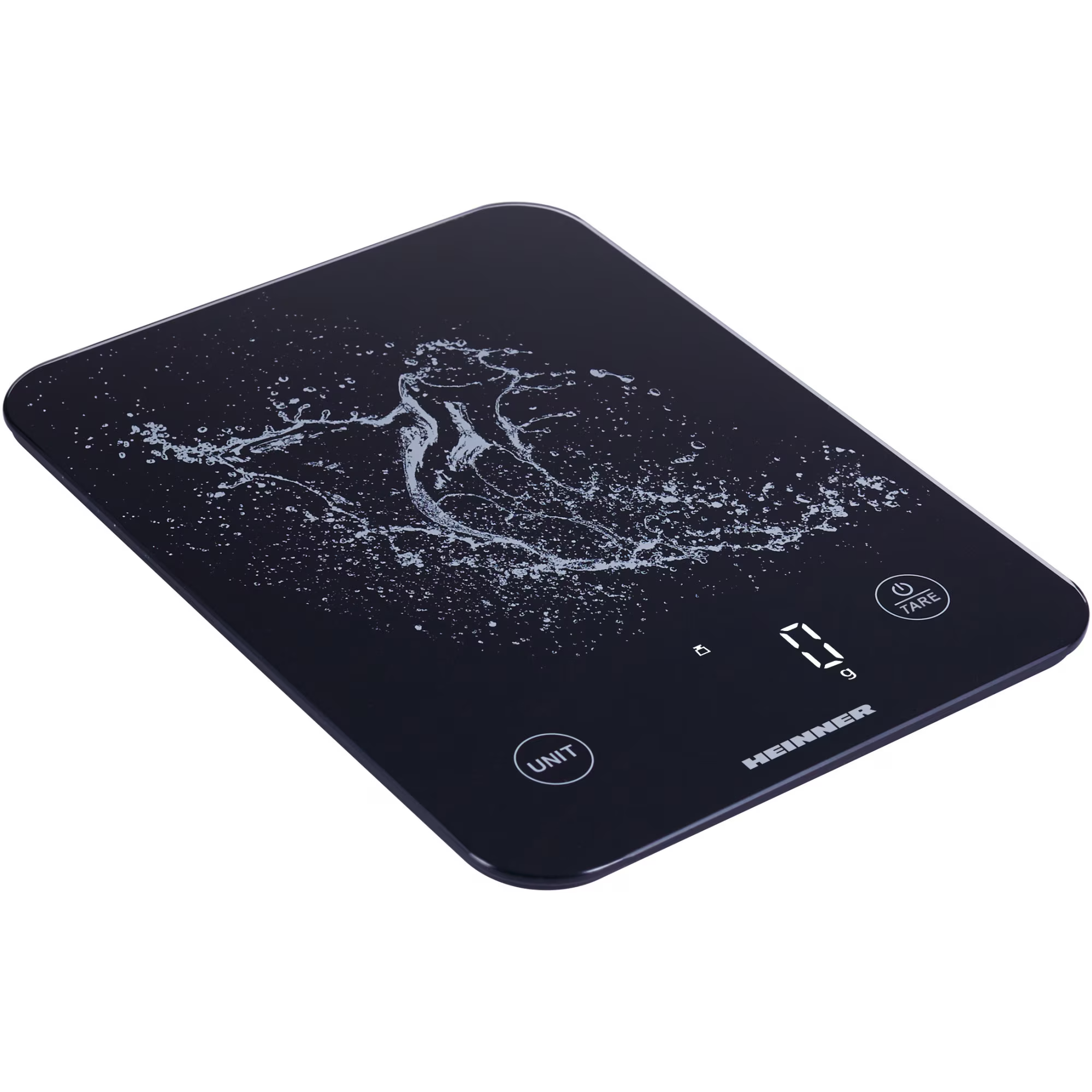 Schwarze digitale Küchenwaage mit Wasserspritzmuster und LCD-Display.