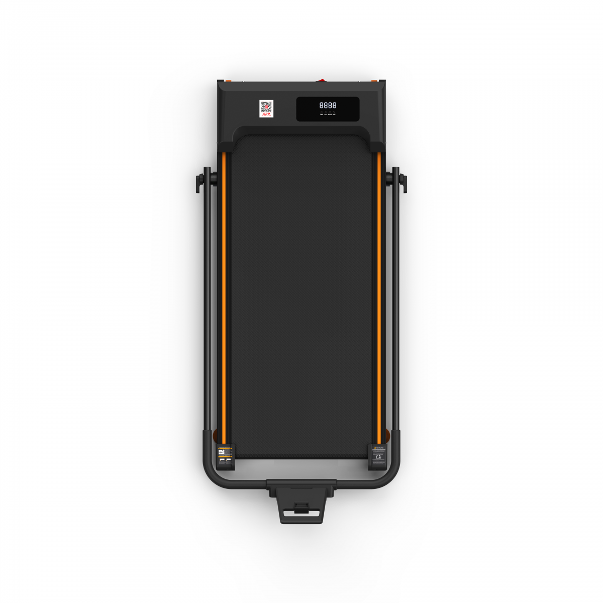 Ein schwarzer Laufband mit orangefarbenen Akzenten und einem digitalen Display.