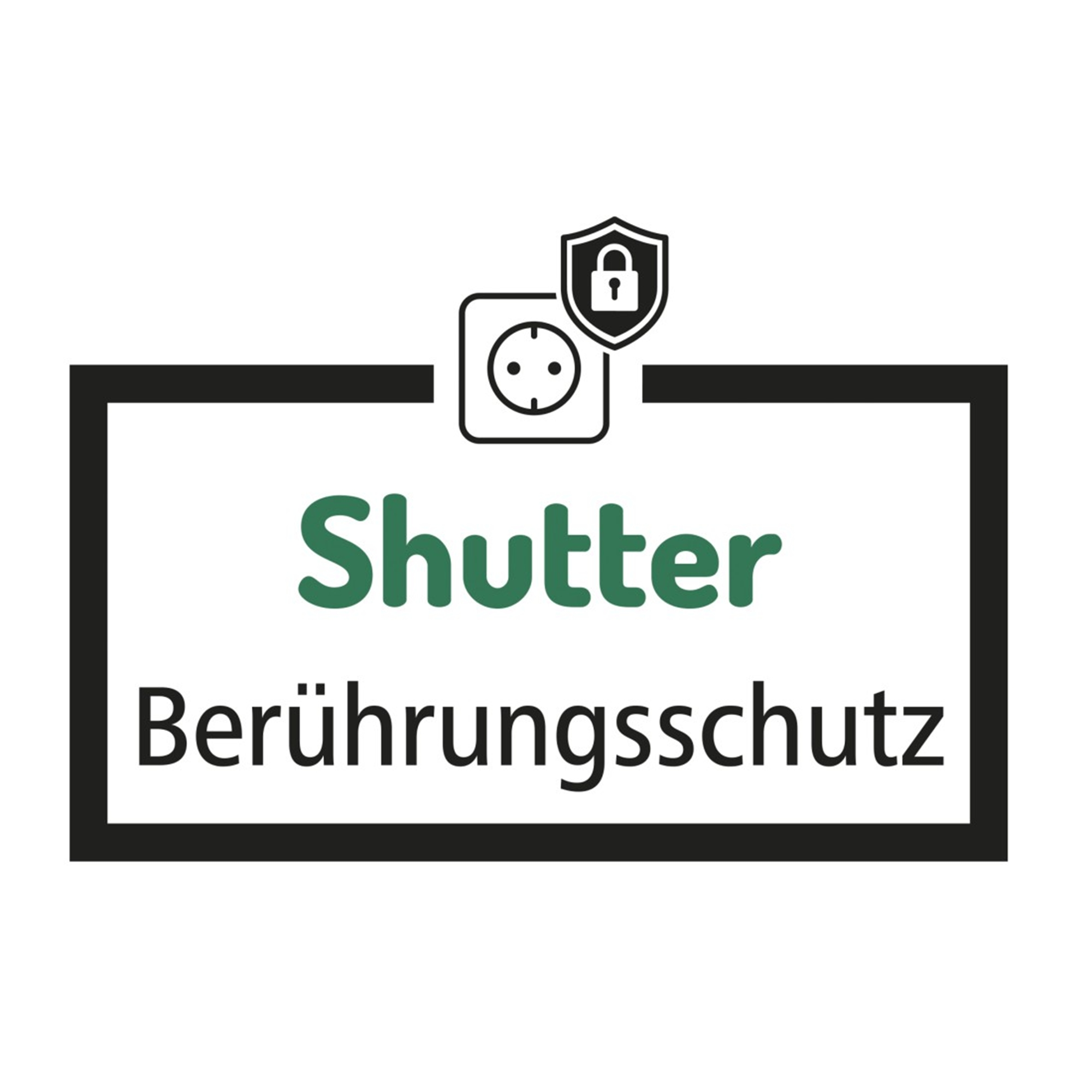 Logo mit Text 'Shutter Berührungsschutz', eine Steckdose und ein Schild mit Schloss.