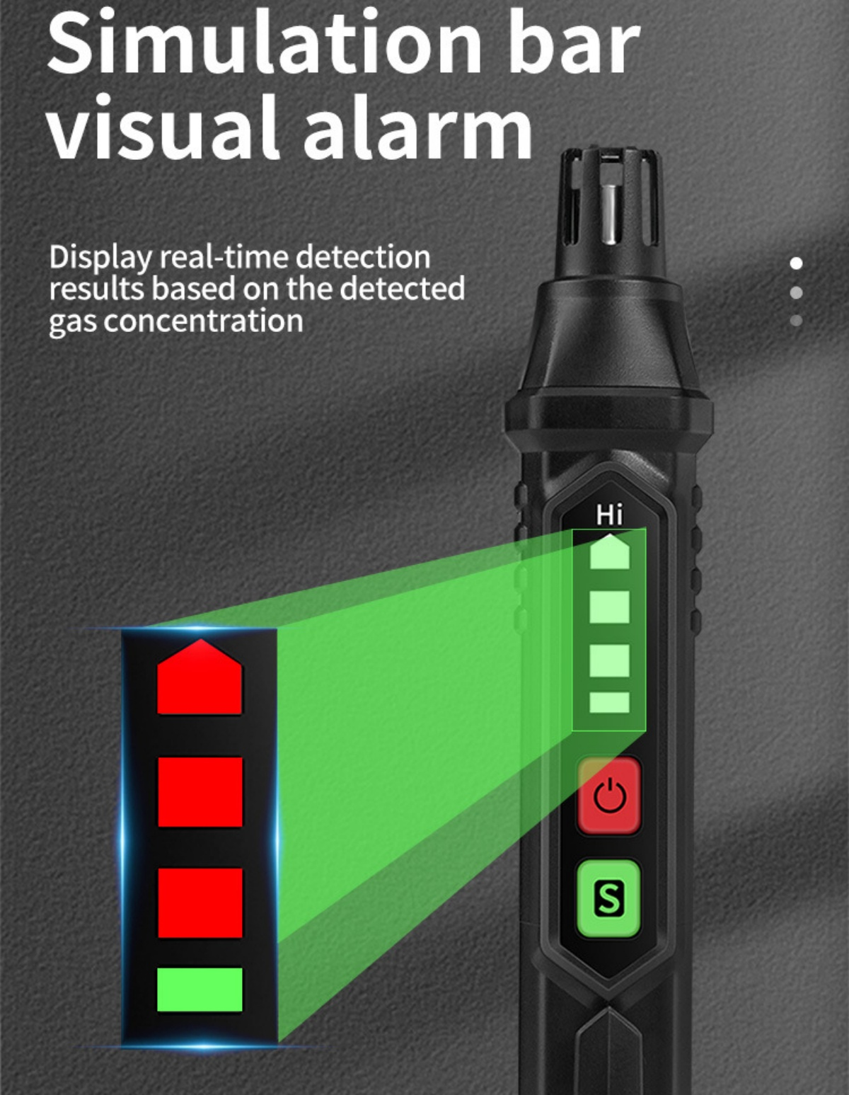 Ein schwarzes Gaswarngerät zeigt visuelle Alarme mit grünen und roten Balken an.