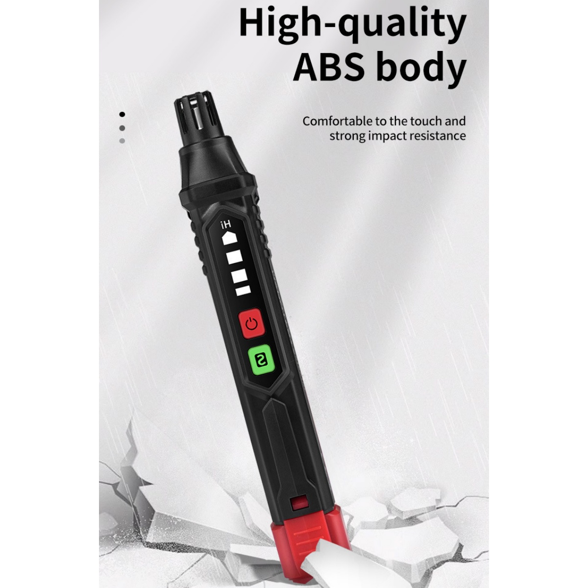 Schwarzer und roter Spannungsprüfer mit LCD-Anzeige und zwei Knöpfen.