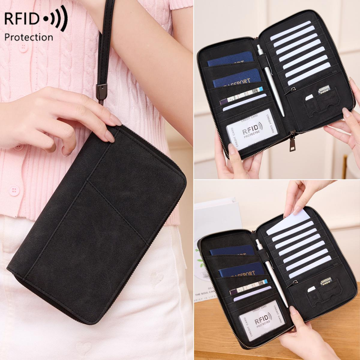 Schwarzer RFID-Schutz-Organizer mit Pässen, Karten, Stift und Reißverschluss.