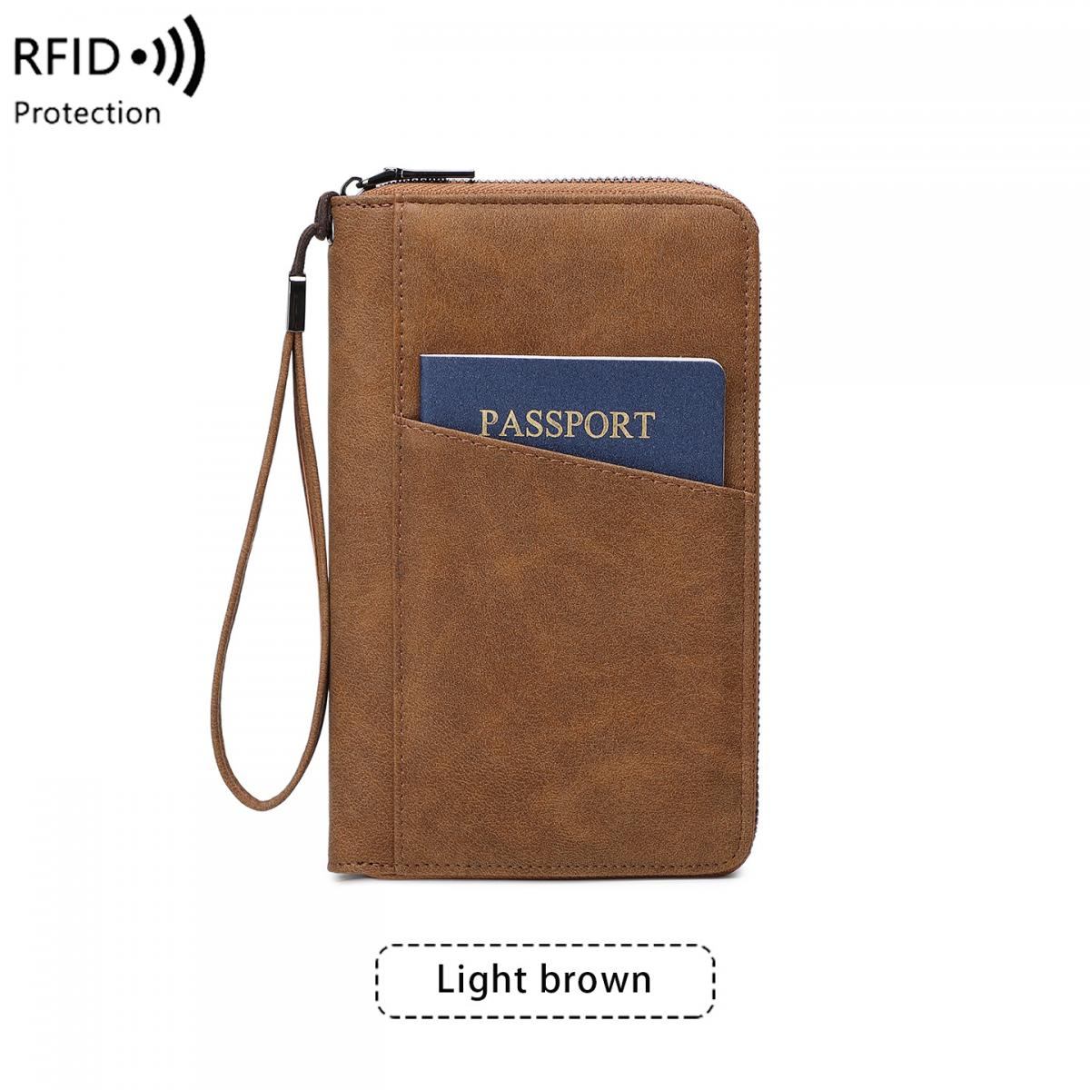Braune Geldbörse mit RFID-Schutz, Reisepass in der Vordertasche, Handschlaufe.