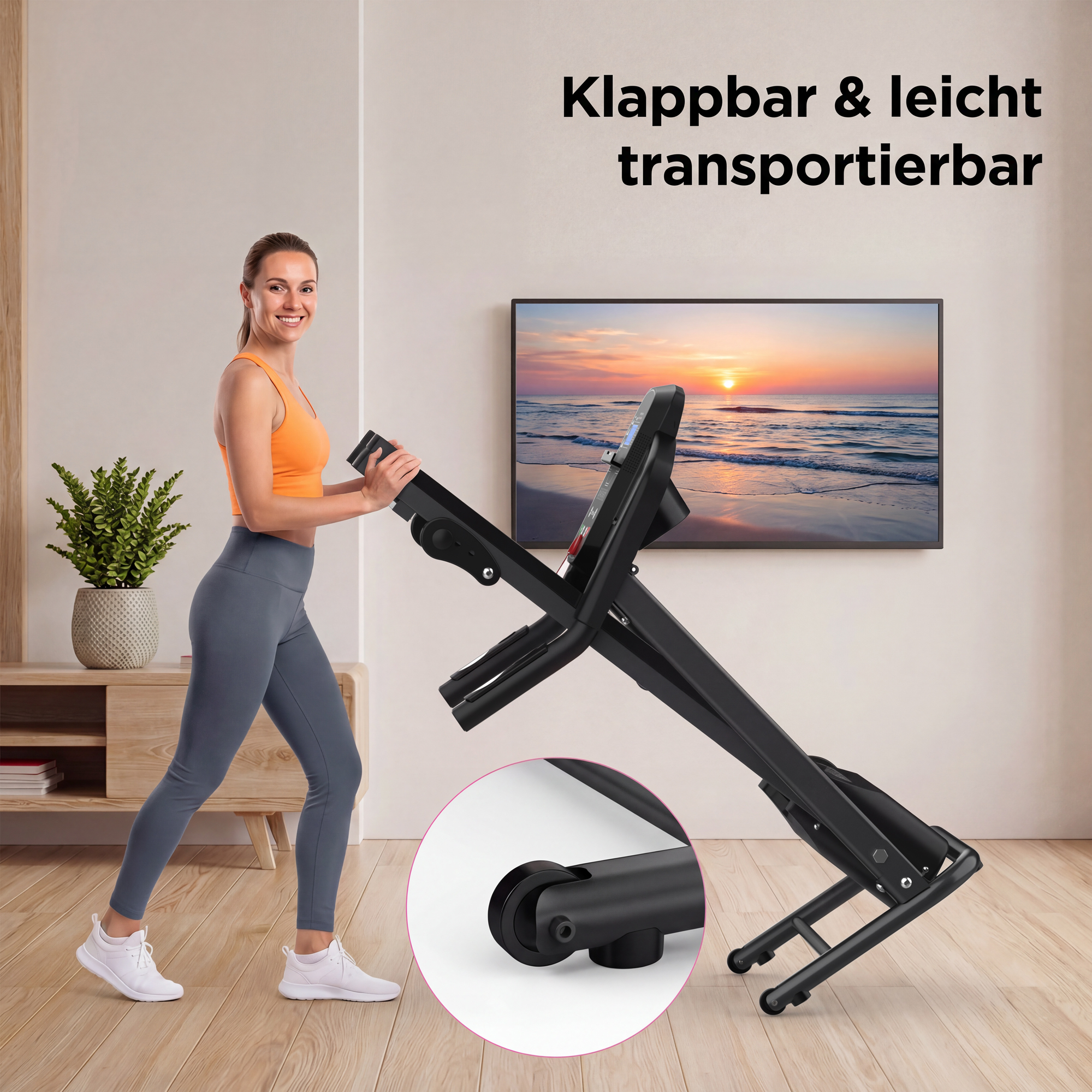 Eine Frau in Sportkleidung trainiert auf einem Laufband in einem Wohnzimmer.