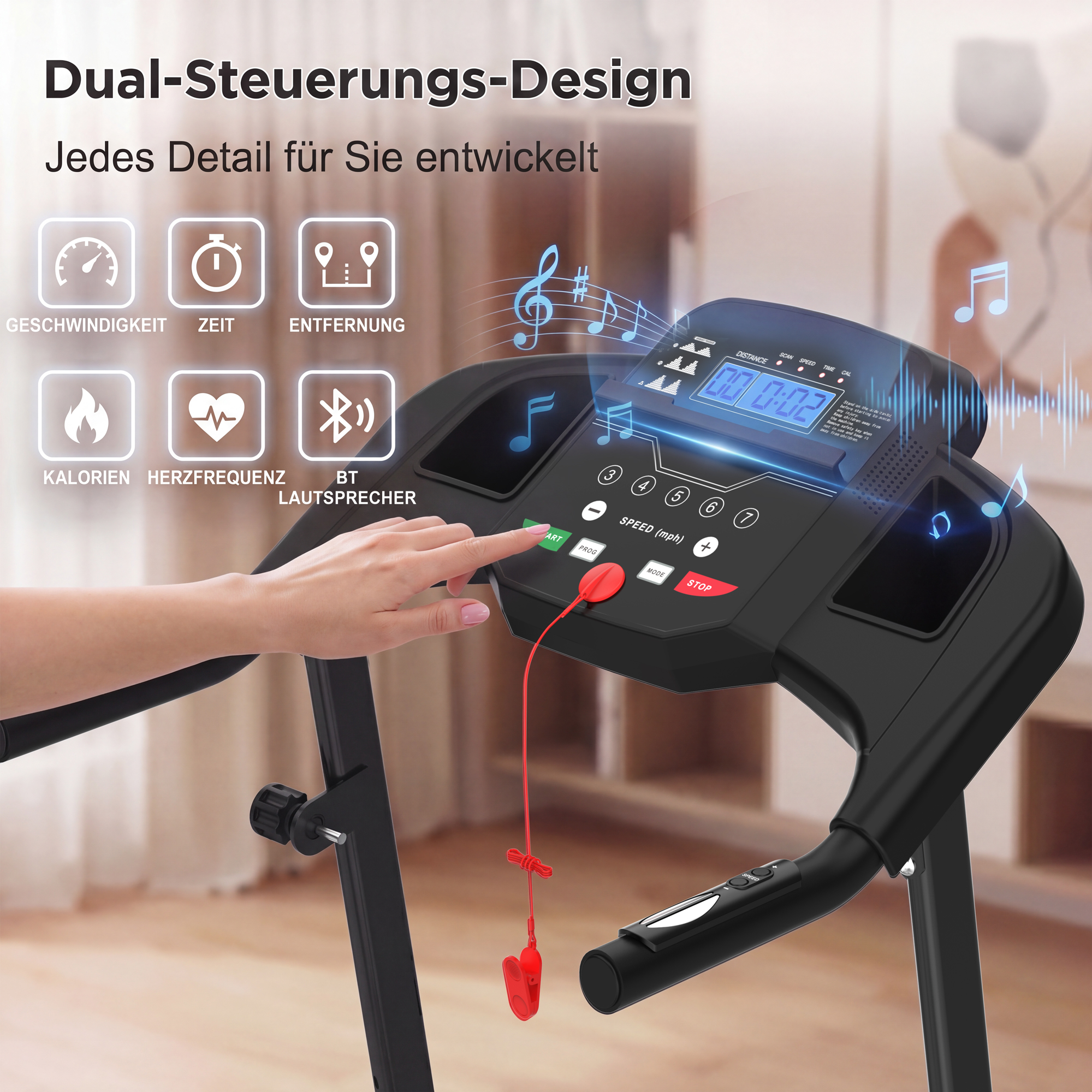 Ein Treadmill mit einer Hand auf dem Bedienfeld, das Geschwindigkeit und Zeit anzeigt.