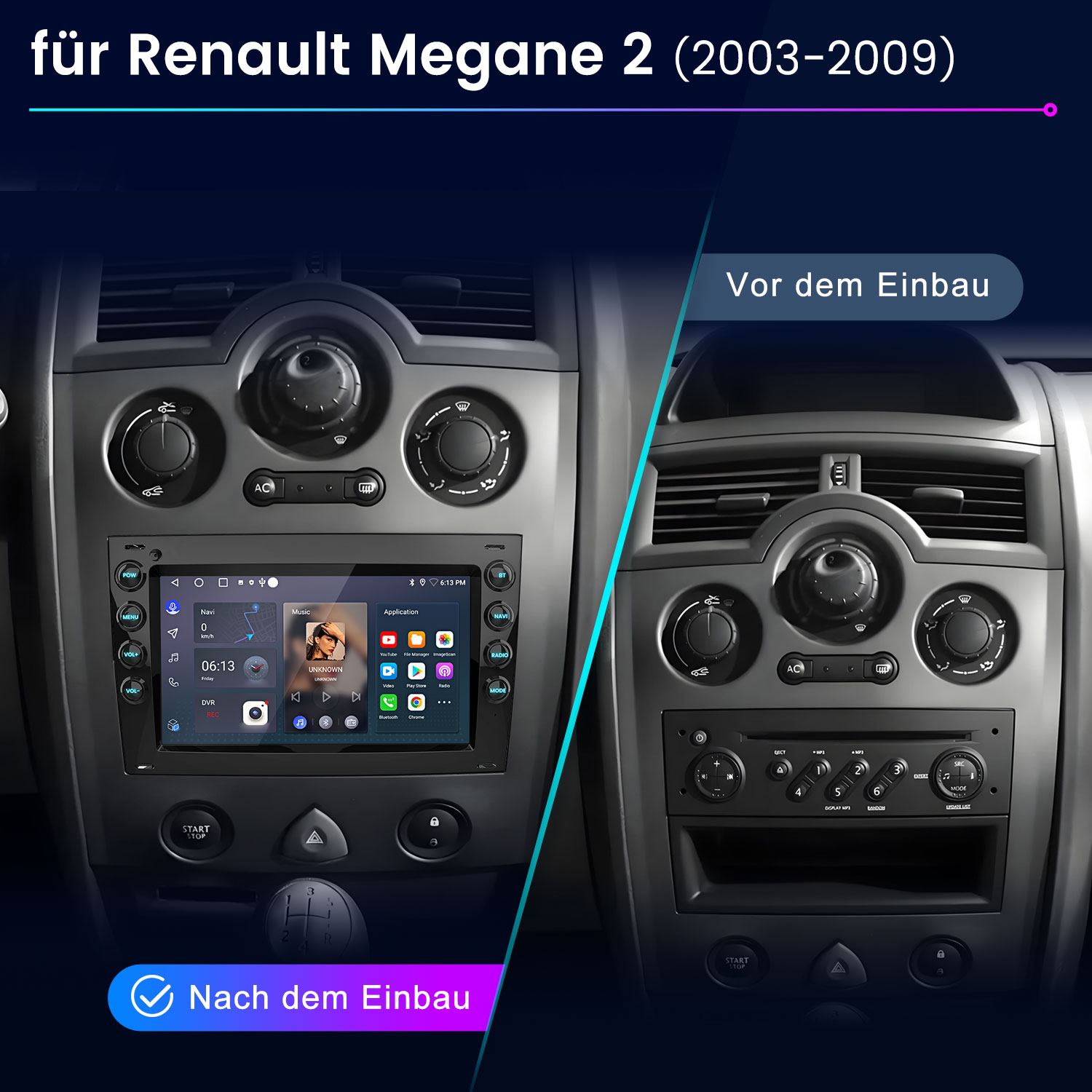 Vorher/Nachher-Vergleich eines Renault Megane 2-Radios.