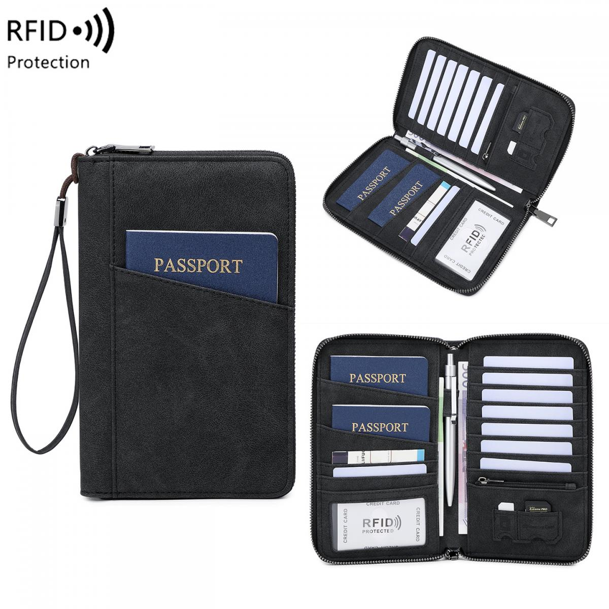 Schwarzer RFID-Schutz-Organizer mit Pässen und Kartenfächern.