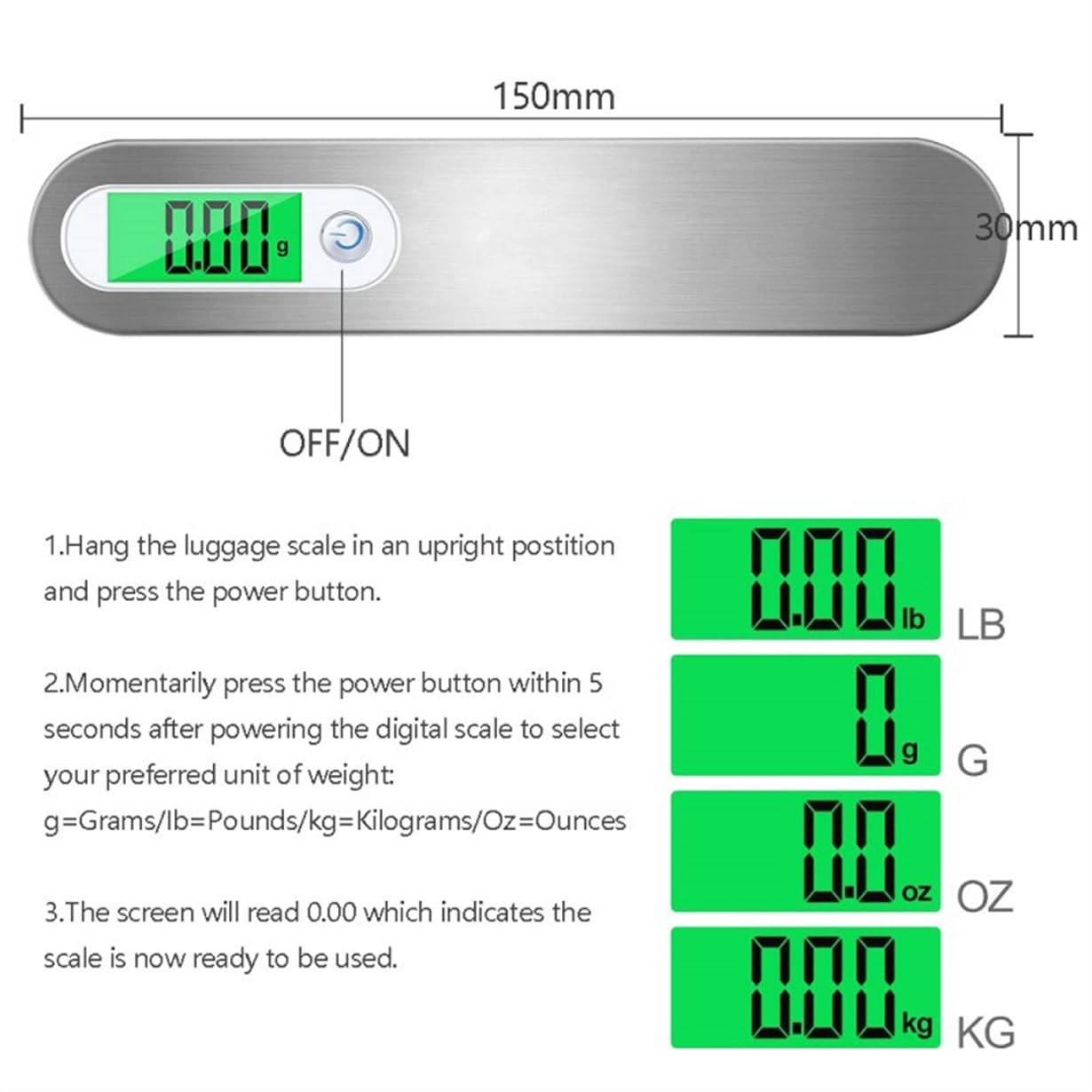 Digitale Gepäckwaage mit LCD-Anzeige zeigt 0.00g, 0.00lb, 0.00oz, 0.00kg.