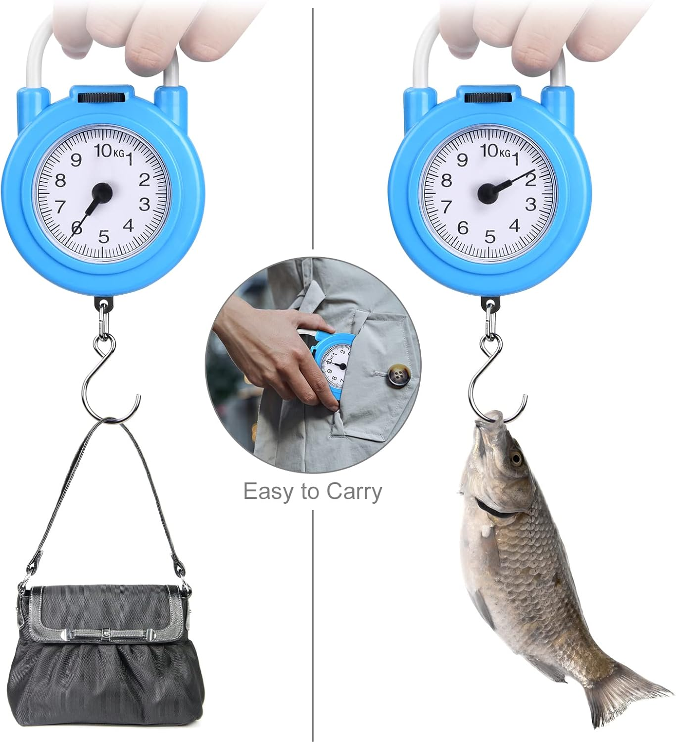 Eine blaue Waage wiegt eine Handtasche und einen Fisch.