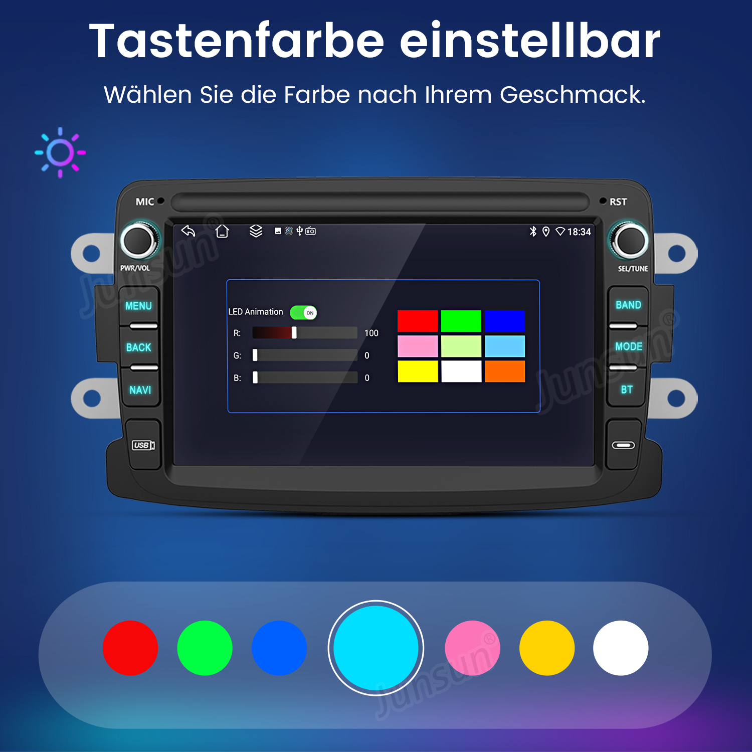 Ein Autoradio zeigt Einstelloptionen für LED-Farben mit Farbpaletten und Schiebereglern.
