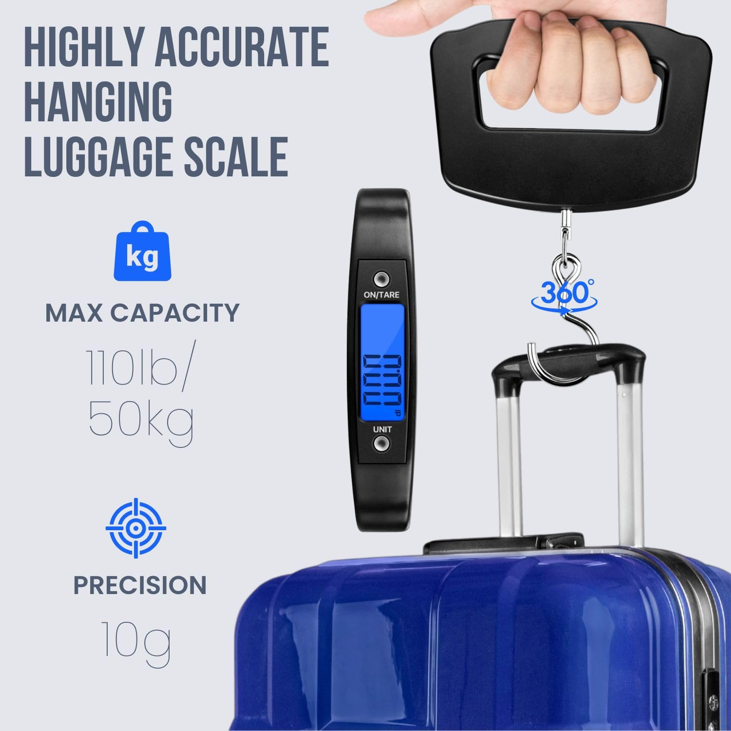 Eine digitale Gepäckwaage hängt an einem Koffergriff. Max. Kapazität 50kg.