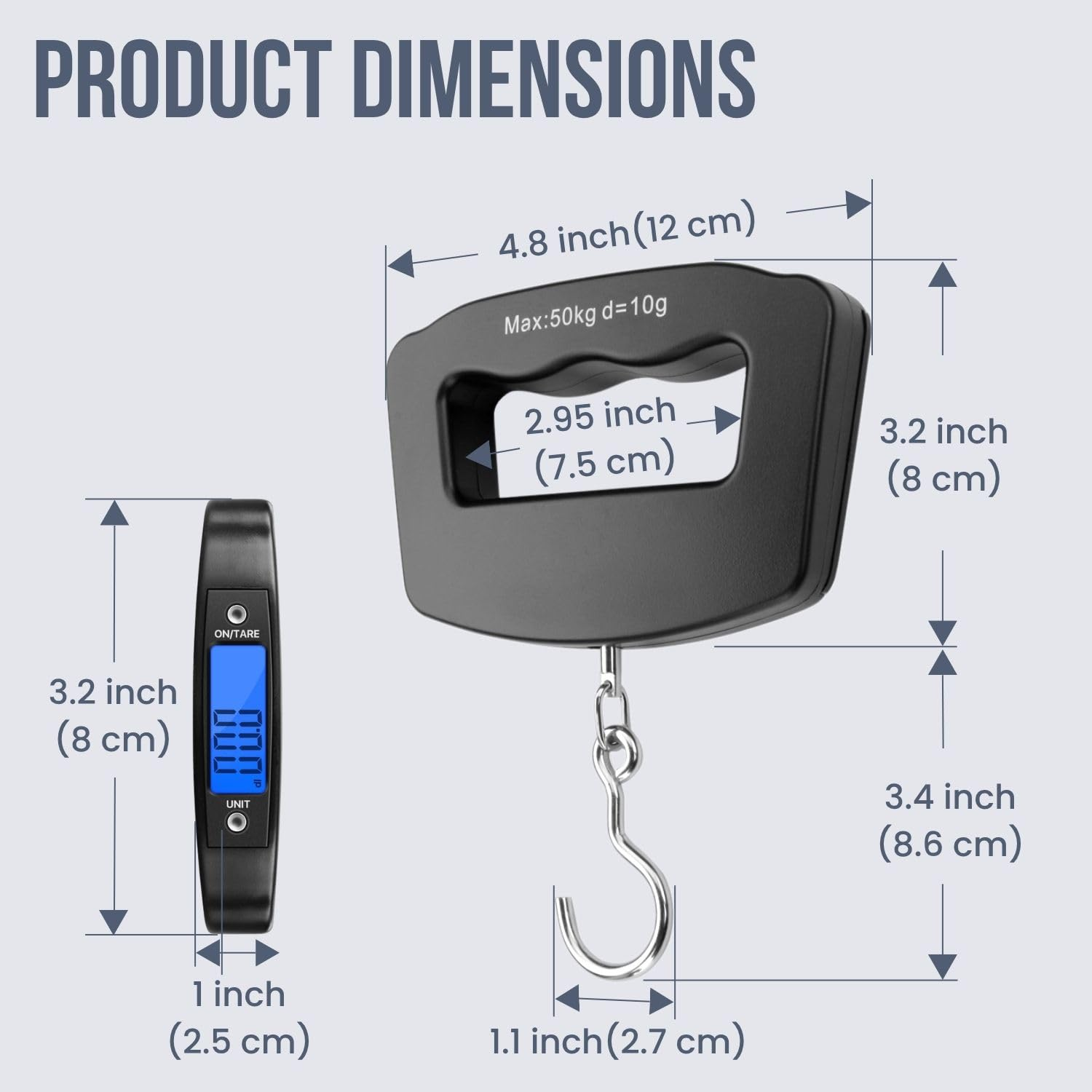 Digitale Gepäckwaage mit Maßen: 12,7 cm breit, 8 cm hoch. Haken 2,7 cm.