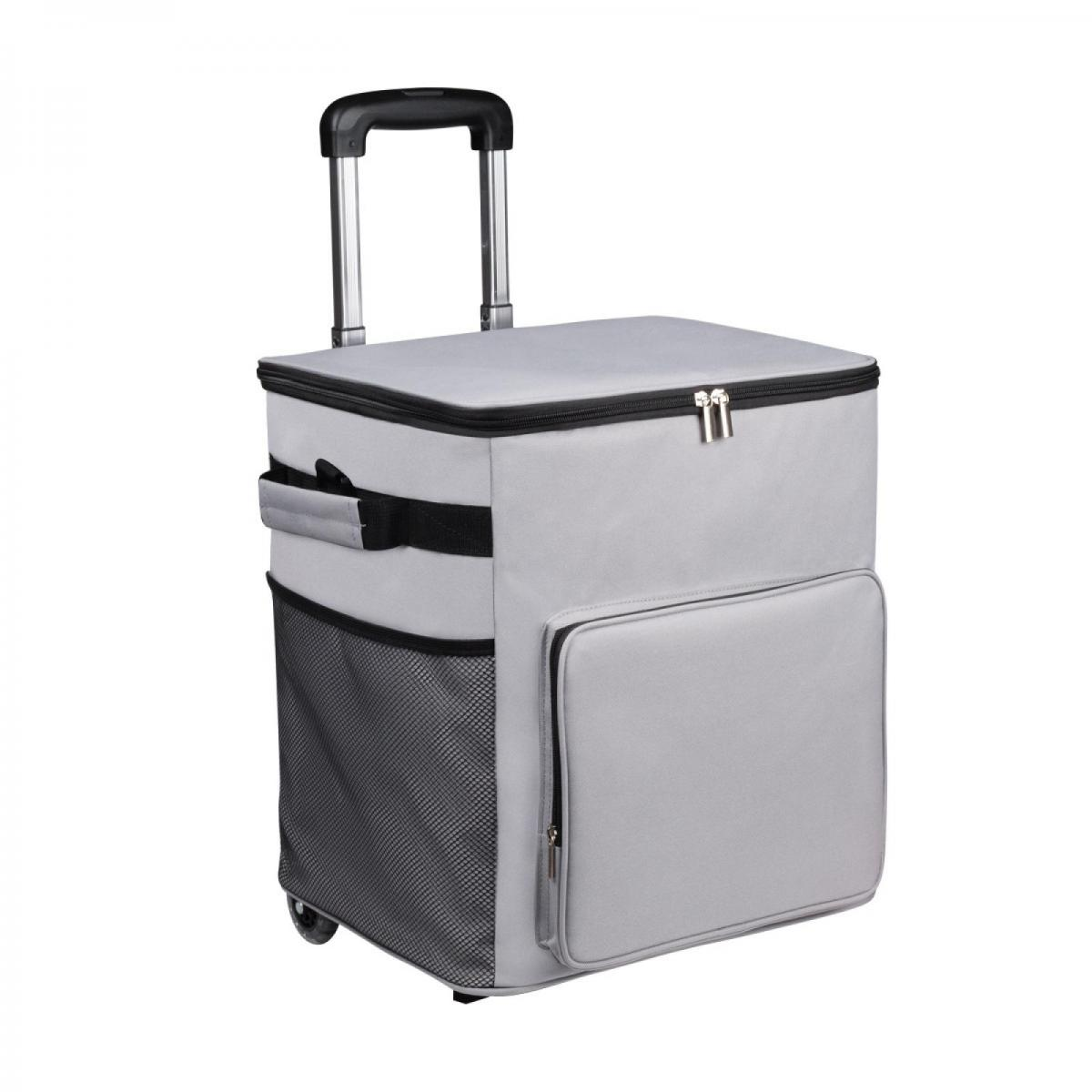 Graue Kühltasche auf Rädern mit ausziehbarem Griff und Netztaschen.