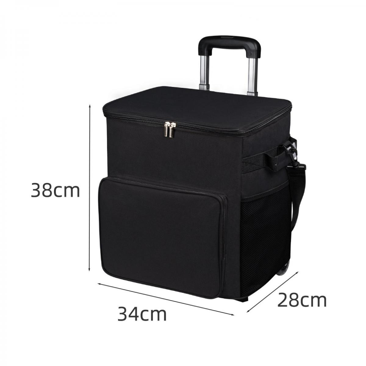 Schwarze Kühltasche auf Rädern mit ausziehbarem Griff, vordere Tasche und Netzseiten.
