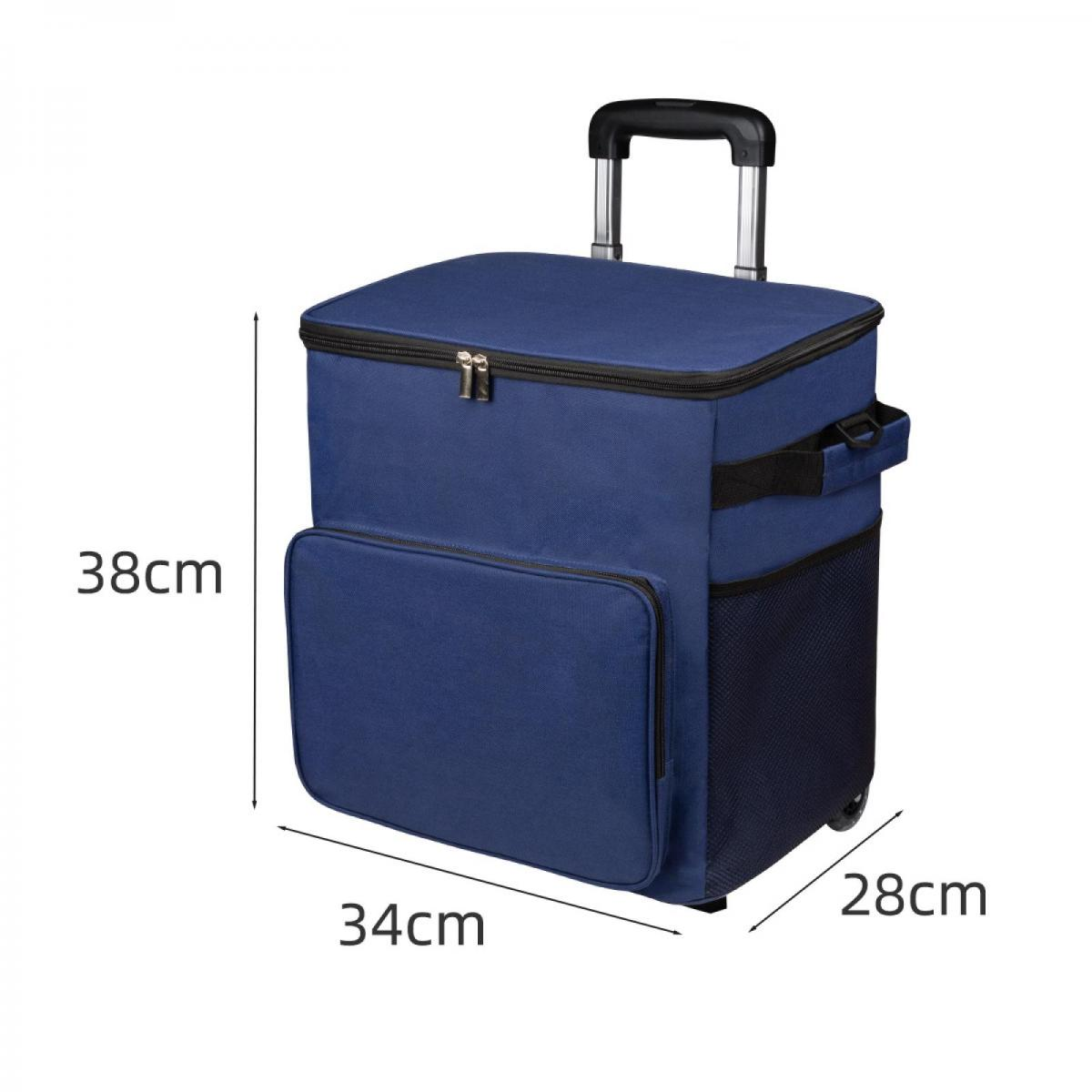 Dunkelblaue Kühltasche mit Rollen, Griff und Maßen 38x34x28cm.