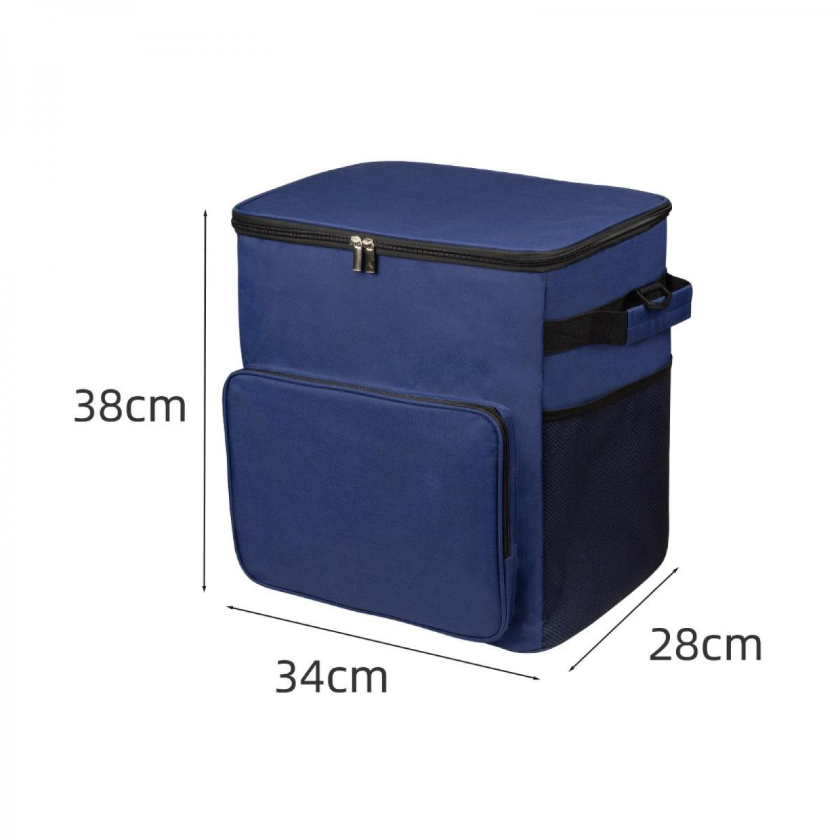 Eine blaue Kühltasche mit den Maßen 38x34x28cm ist vor einem weißen Hintergrund abgebildet.