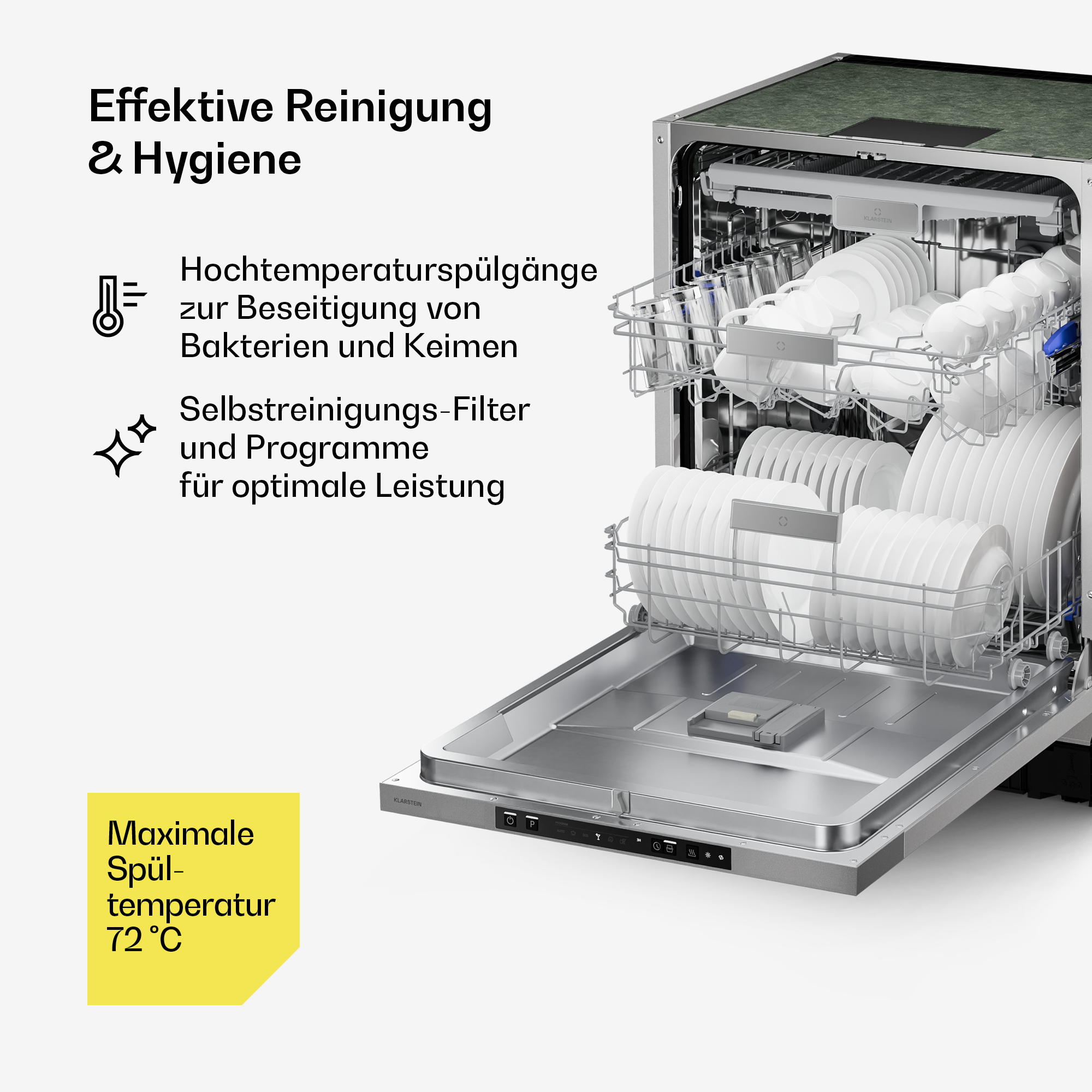 Geschirrspüler mit geladenen Tellern, Gläsern und Tassen. Text über Reinigung und Hygiene.