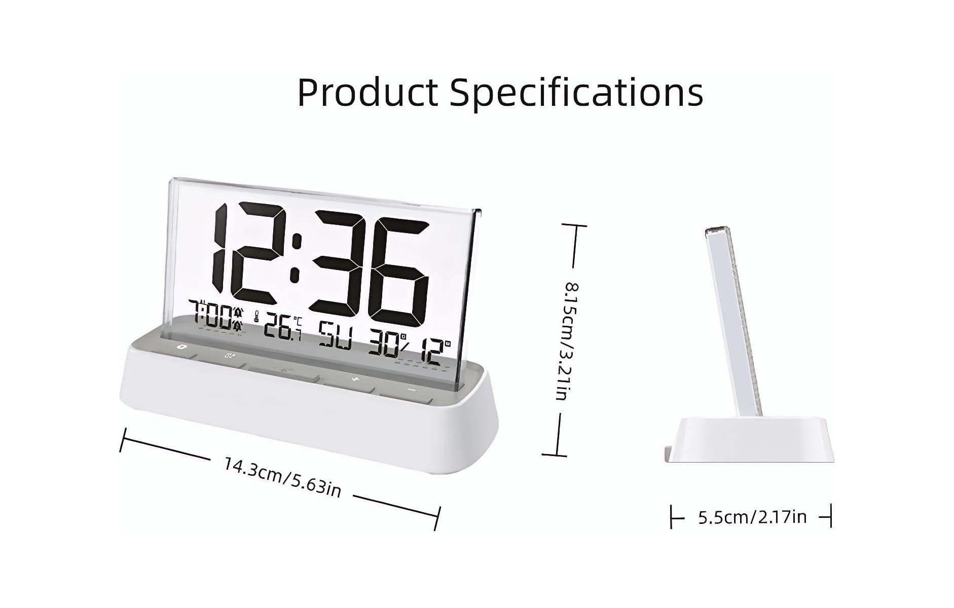 Digitaluhr mit Zeit, Datum, Temperatur und Weckerfunktion, Maße angegeben.