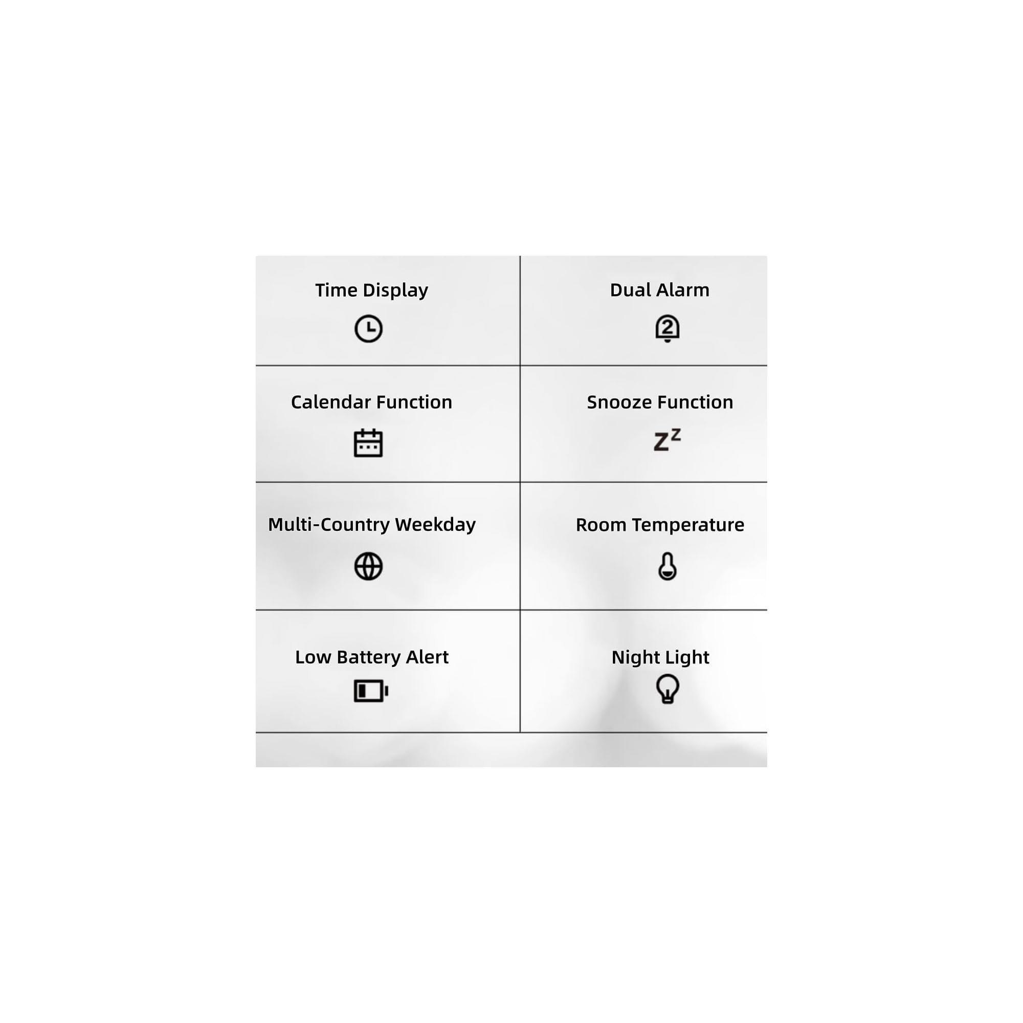 Ein Raster zeigt Uhrenfunktionen: Zeit, Alarm, Kalender, Schlummer, Weltzeit, Raumtemperatur, Batterie und Nachtlicht.
