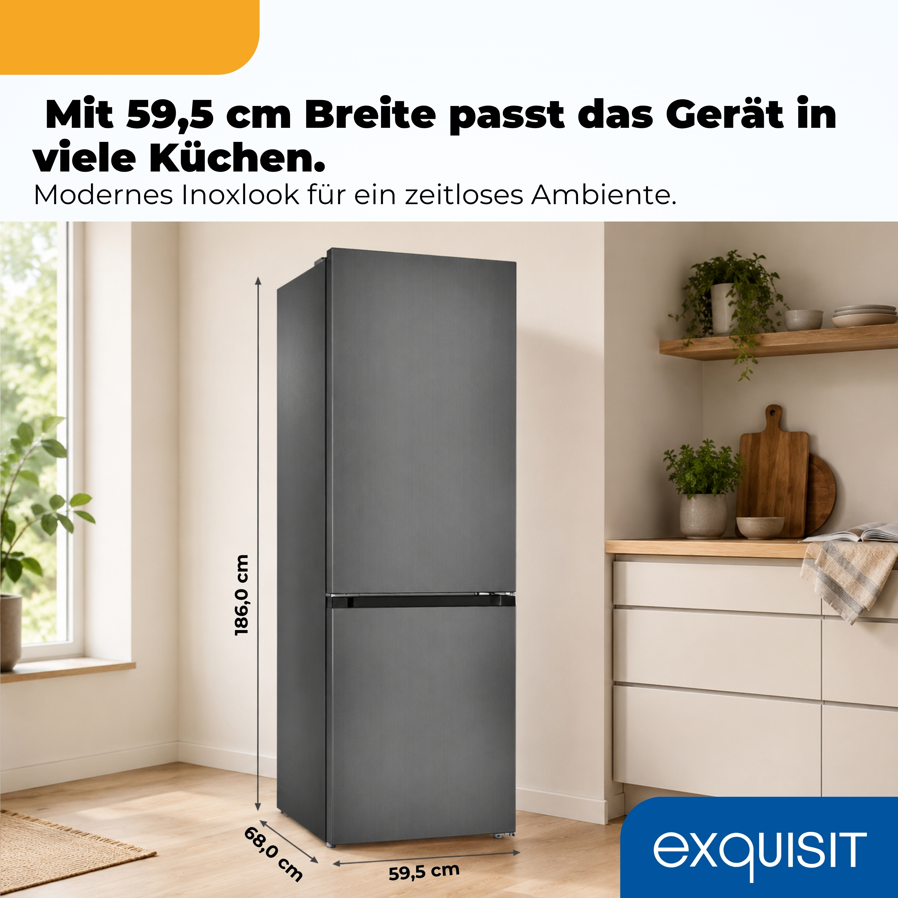 Ein grauer Kühlschrank mit 59,5 cm Breite steht in einer modernen Küche.