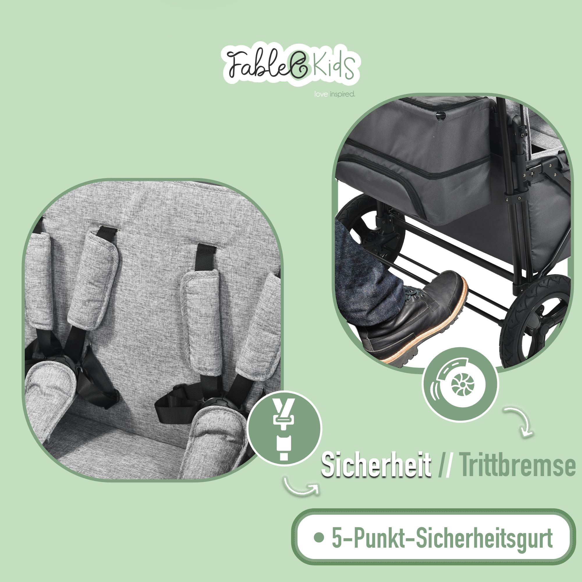 Grauer Kinderwagen mit 5-Punkt-Gurtsystem und Fußbremse.