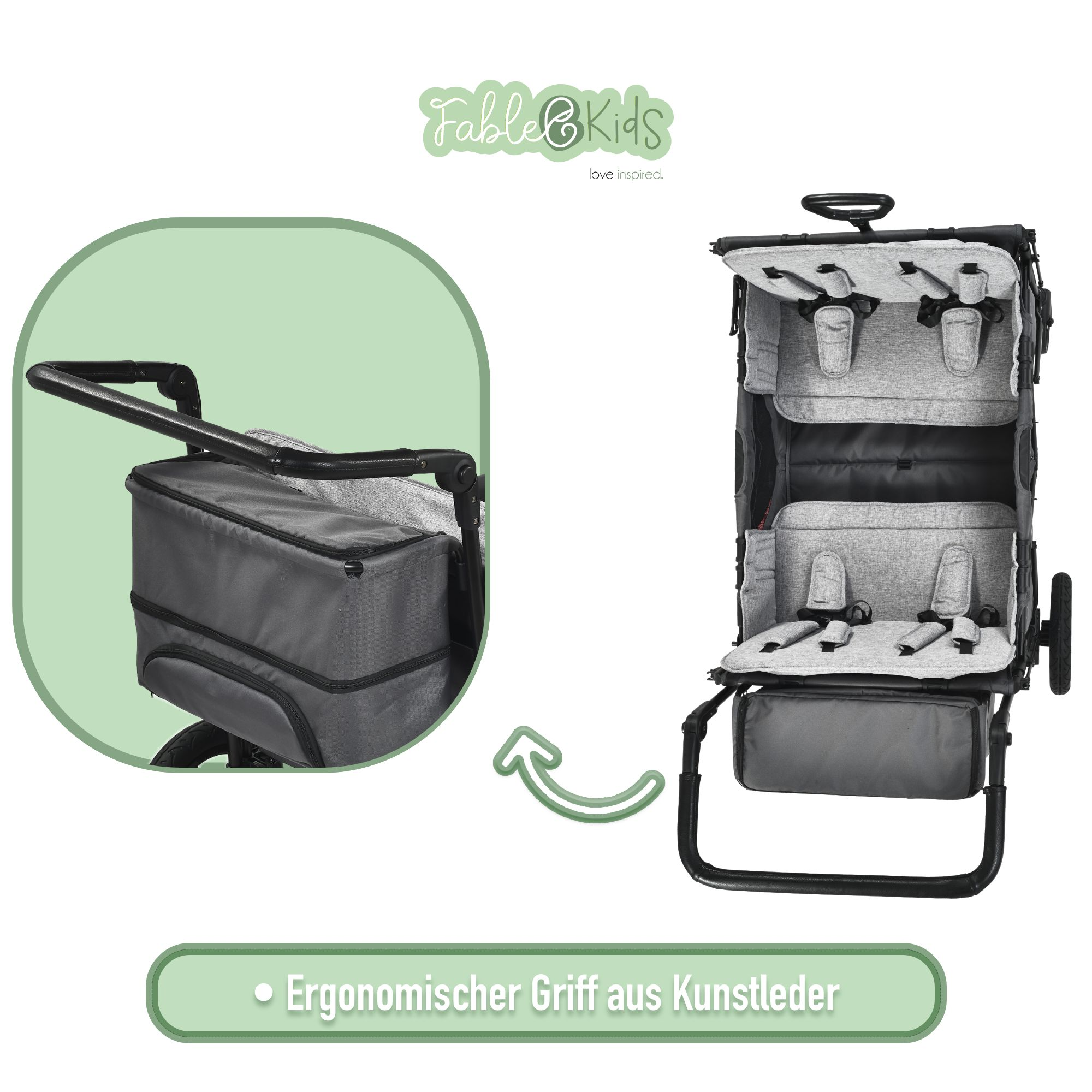 Ein Kinderwagen mit verstellbarem Griff und zwei Sitzen.