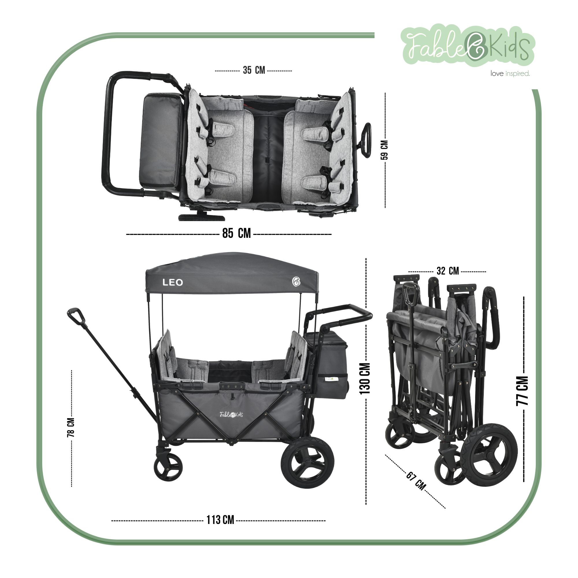 Grauer Kinderwagen mit zwei Sitzen, zusammenklappbar, mit Maßen.
