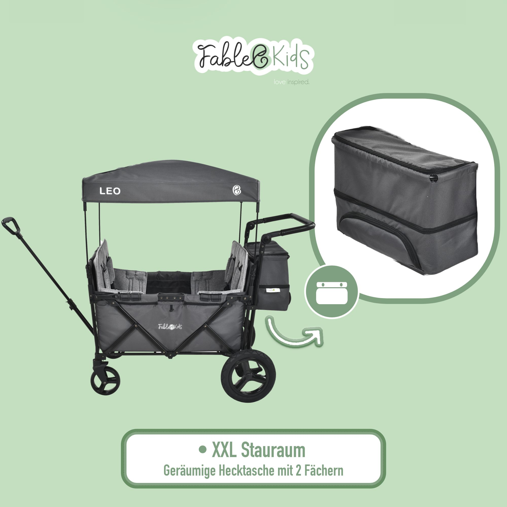 Ein grauer Kinderwagen mit Dach und Tasche. XXL Stauraum.