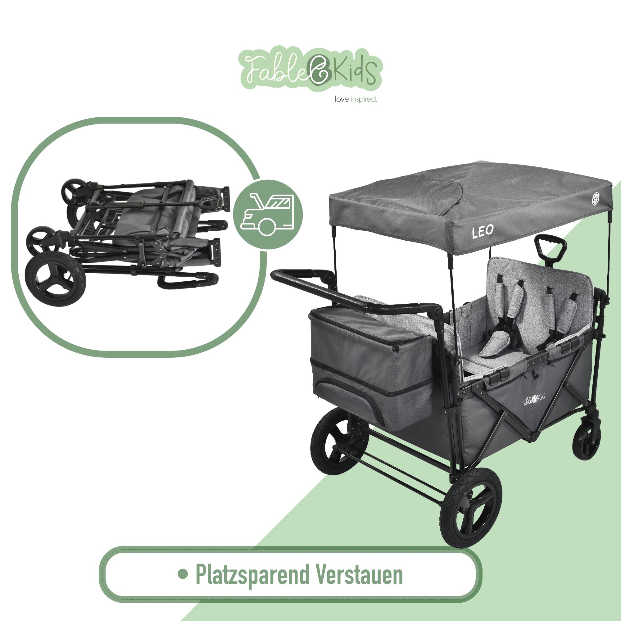 Ein grauer Kinderwagen mit Sonnendach, Gurten und Rädern.
