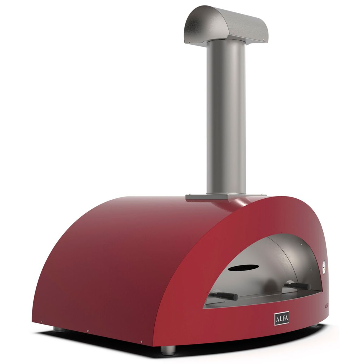 Ein roter Pizzaofen mit Schornstein steht auf weißem Hintergrund.