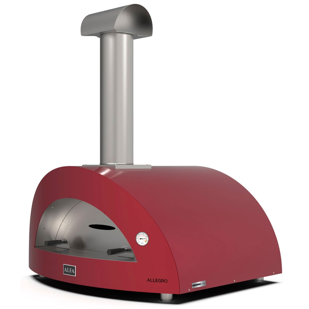 Ein roter Pizzaofen mit Edelstahlschornstein und Thermometer.