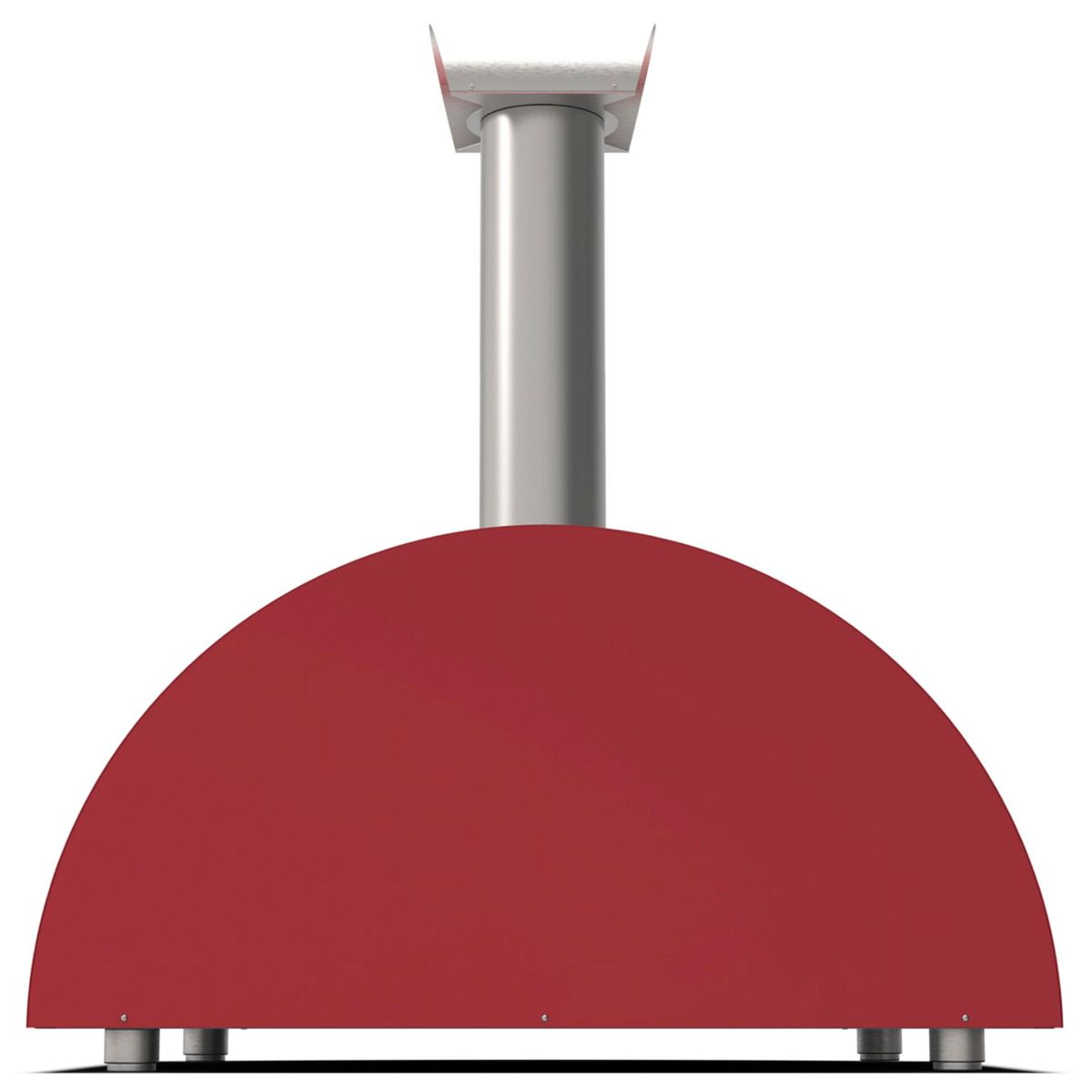 Ein roter, halbkreisförmiger Pizzaofen mit silberner Rauchabzugshaube und Beinen, vor weißem Hintergrund.