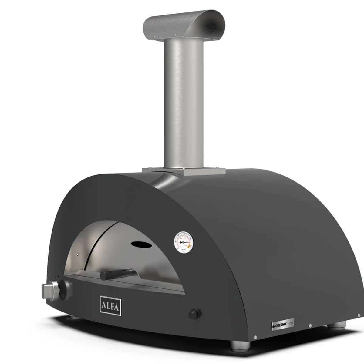 Ein dunkelgrauer moderner Pizzaofen mit Edelstahlschornstein und Thermometer.